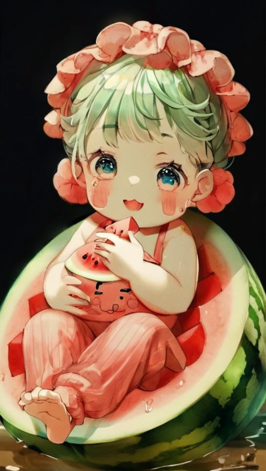 there is a small statue of a girl sitting on a water melon, digital art by Chiho Aoshima, Tumblr, digital art, material!!! water melon!!!, cute digital art, charming digital painting, cute detailed digital art, carry melon, Beautiful cute, nice detailed work, Cute porcelain doll, Kewpie, cute handsome