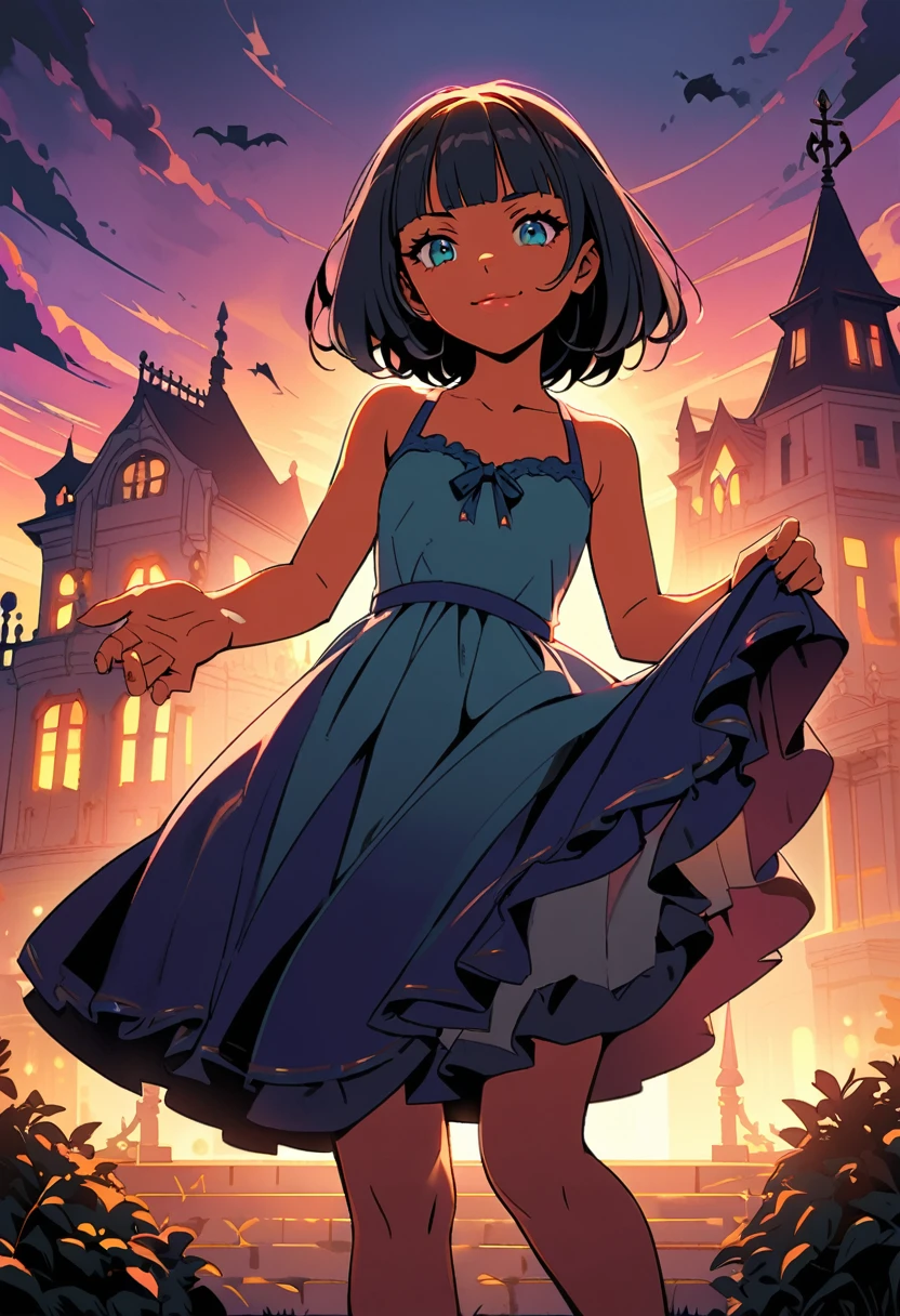 popart style,(haunted Mansion),(girl beckoning in front of mansion),sundress,Sandals,boogie smile,Spooky atmosphere,evening, BREAK 16yo,beautiful detailed face,(navy hair-color),(wavy-short hair),parallel eyebrows,navy eyes with large irises,blunt bangs,small nose, fresh lips,small breasts,(5feet tall)),