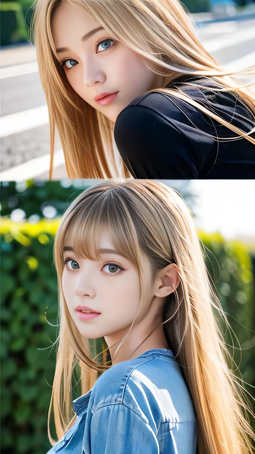 Sexy big 、Sexy cute looks and cute beautiful girl, Beautiful and sexy face、A strong wind blows my hair in front of my face、With straight blonde hair、Beautiful, cute and sexy eyes hidden behind long bangs。