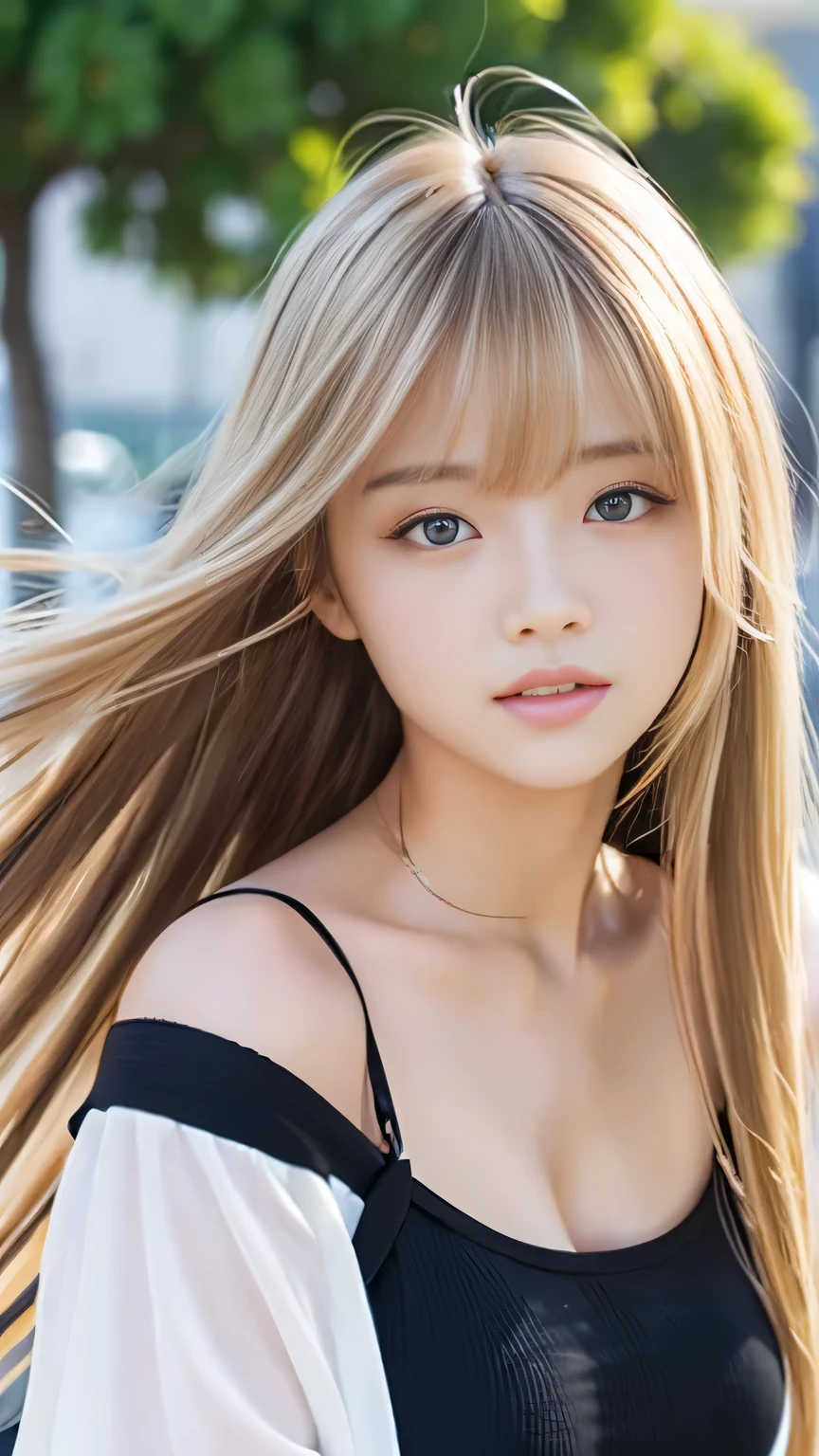 Sexy big 、Sexy cute looks and cute 15 year old beautiful girl, Beautiful and sexy face、A strong wind blows my hair in front of my face、With straight blonde hair、Beautiful, cute and sexy eyes hidden behind long bangs。