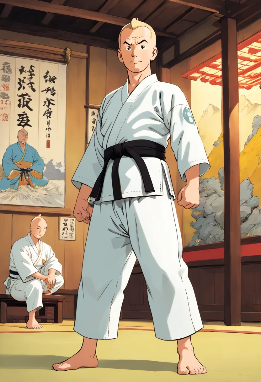 Tintin, 50 years old male wearing white karate suits, bare feet, slick and neat short gray hair, hand on hips pose, in a tradisional Japanese dojo, european comics