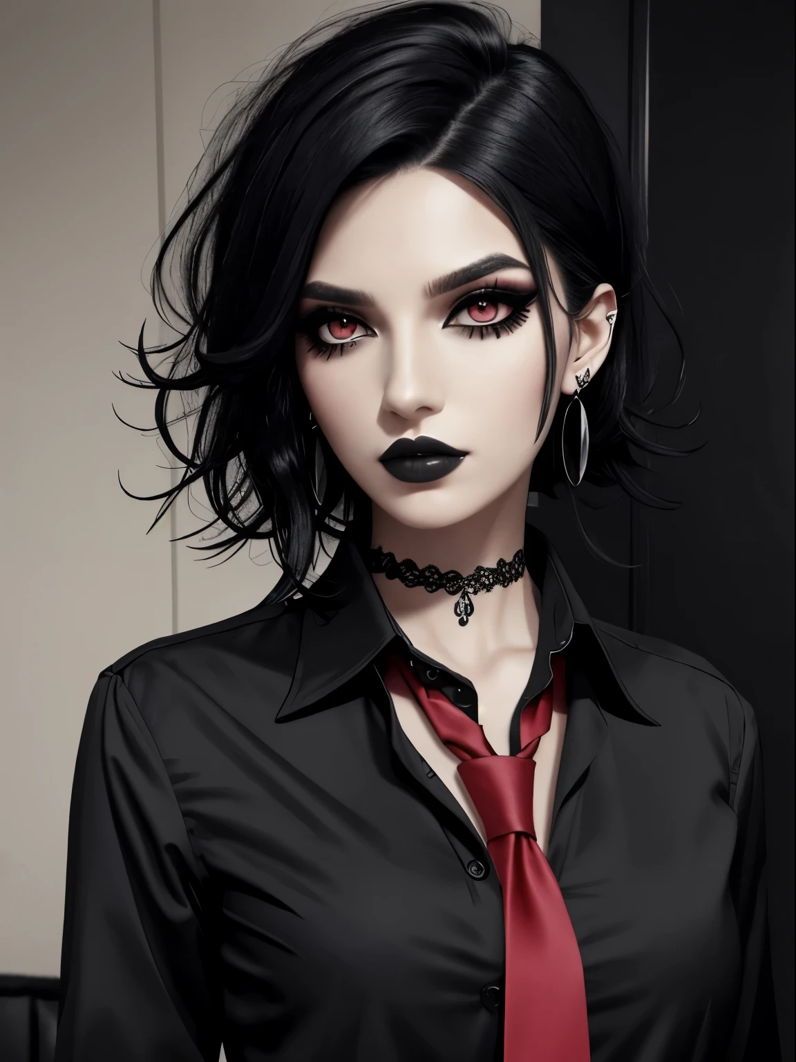 1girl, black hair, goth punk, messy hair, bedhead, black collared shirt with a red tie, eyeshadow, mascara, smoky eyes, eyeliner, breasts, modern house, earrings