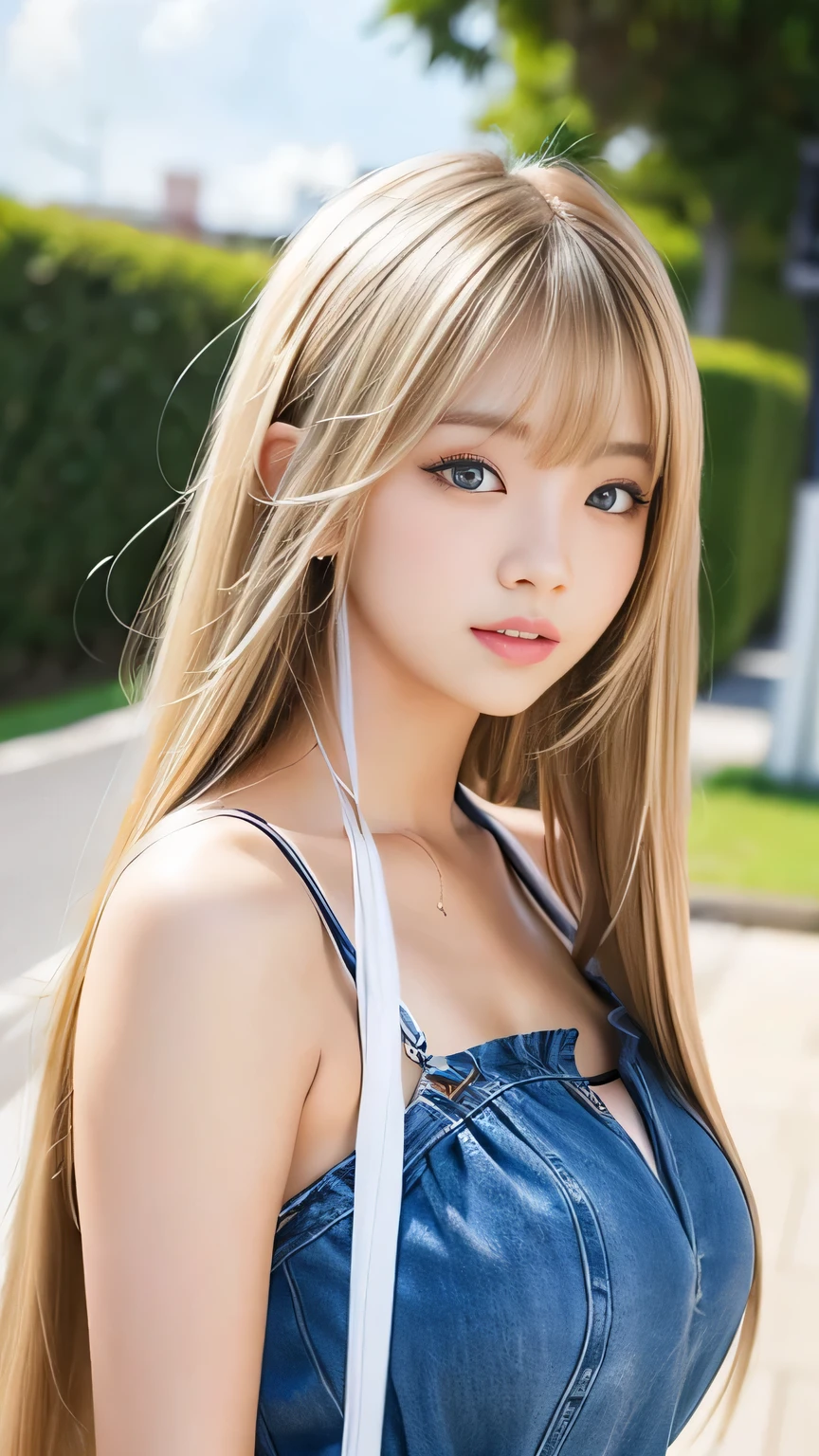 Sexy big 、Sexy cute looks and cute  beautiful girl, Beautiful and sexy face、A strong wind blows my hair in front of my face、With straight blonde hair、Beautiful, cute and sexy eyes hidden behind long bangs。