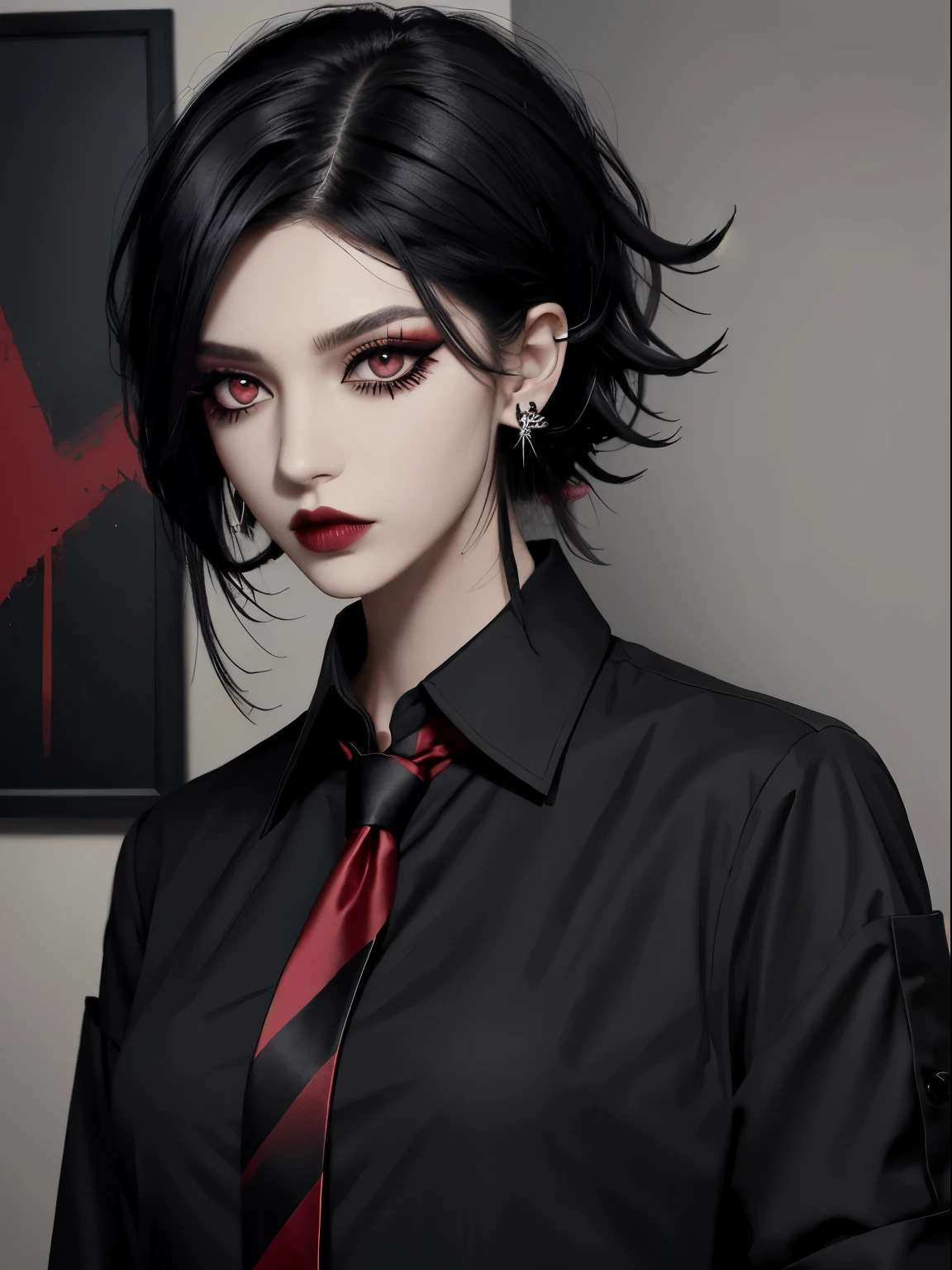 1girl, black hair, goth punk, messy hair, bedhead, black collared shirt with a red tie, eyeshadow, mascara, smoky eyes, eyeliner, breasts, modern house, earrings