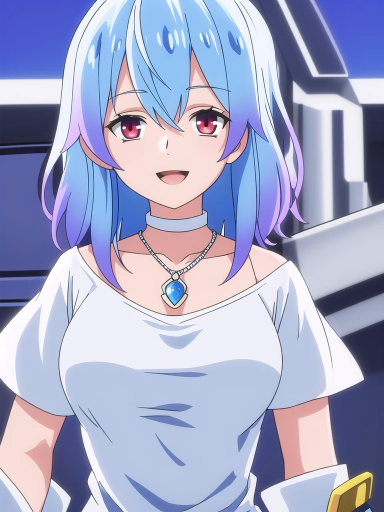 (((Best quality))),((Ultra-detailed)),((illustration)),((Disheveled hair)),((frilld)),(1 girl), 1girl,:d,bangs,blue background,blue theme,blush,breasts,cleavage,collarbone,eyebrows visible through hair,heart necklace,jewelry,large breasts,short hair,looking at viewer,necklace,open mouth,pendant,shirt,smile,solo,upper body, blue hair,red eyes,