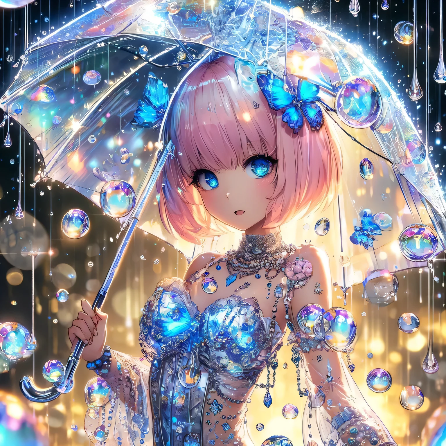 In a vivid anime scene、Focus on the bright rain elements with abundant shiny reflections. The girl with the pink bob hair and reflective blue eyes、She brings more punk and whimsical elements to her sheer outfits.。, Accessorized with blue butterfly accessories and umbrella. Abstract rain sparkle chaos background、There are plenty of light effects with scattered rain and focused bubble sparkles。, The light shining from behind、The flowers bloom to create a gorgeous sight.. The artwork combines rich textures, Detailed line drawing, Cel Shading, Vibrant colors, Highlighting the luxurious charm of rain.