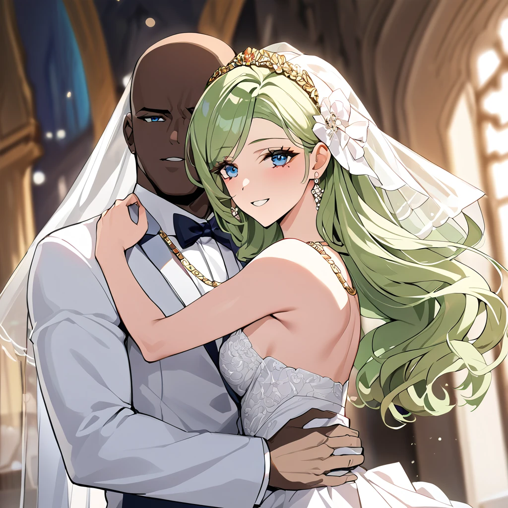 ((highest quality)), ((masterpiece)), (detailed), （Perfect Face）、The woman is Lydia, with blue eyes, lightly wavy green asymmetrical long hair, a gold hair ornament, a gorgeous head dress chain, a gorgeous necklace, gorgeous earrings, and an engagement ring.、The woman is wearing a gorgeous wedding dress with a veil and a voluminous wedding dress skirt, and is smiling as she hugs a strong black man wearing a white tuxedo at a church wedding hall.