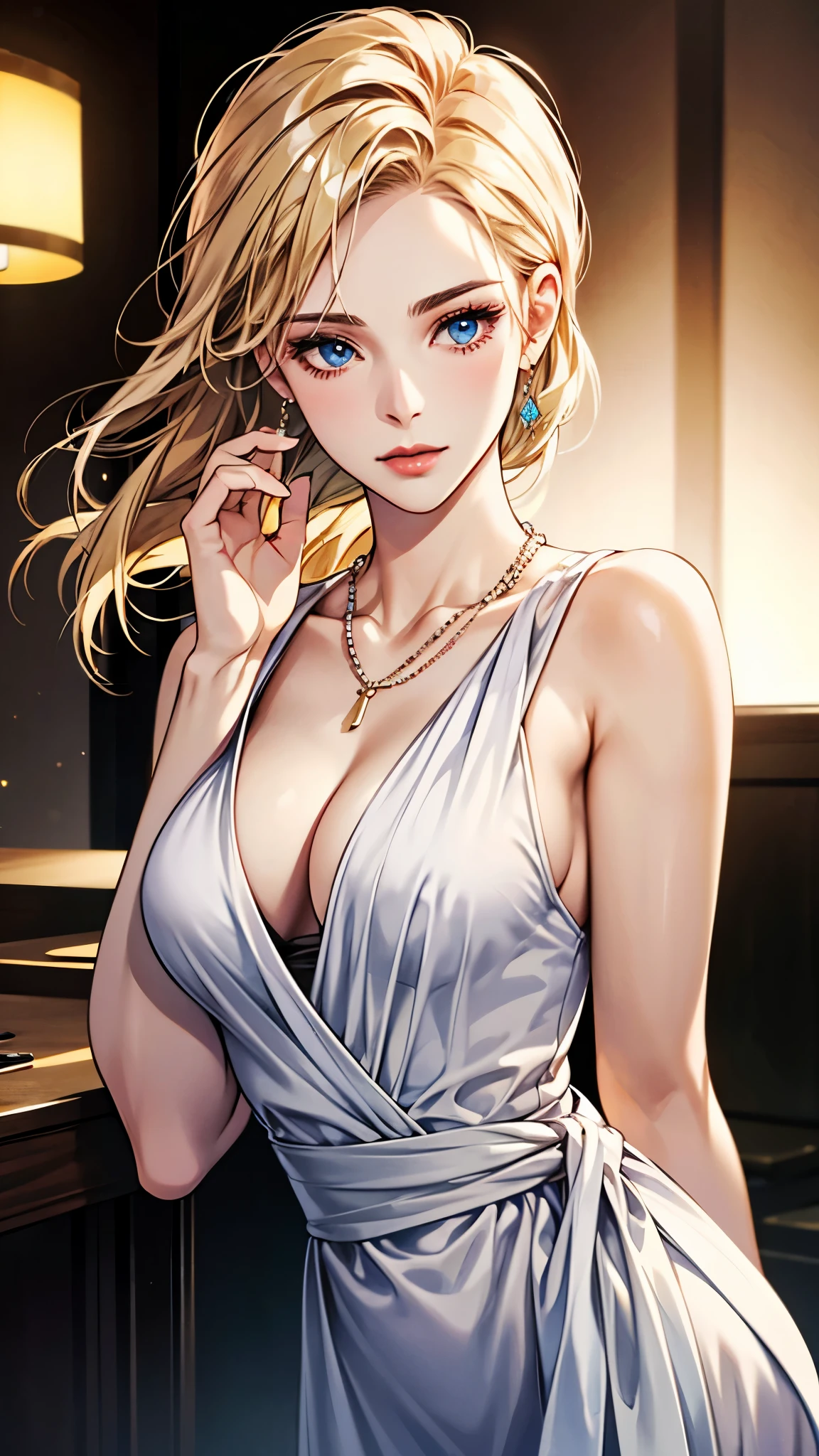 best quality, masterpiece, high resolution, A girl, blond, Blue eyes, fashion clothing, necklace, jewelry, Pretty Face, Perfect breasts, more than_Body, Tyndall effect, lifelike, Dark Studio, Side lighting, Two-color lighting, (HD Skin:1.2), 8k Ultra HD, SLR camera, Soft Light, high quality, Volumetric Lighting, frank, photography, high resolution, 4K, 8k, Bokeh,