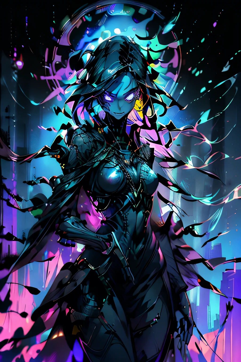 1girl, cyber horror anime character, tall slender androgynous appearance, pale translucent skin, glowing neon blue eyes with circuit patterns, cold emotionless expression, slight unsettling metallic smile, long fiber-optic cable hair shifting from dark blue to deep purple, black synthetic bodysuit with neon blue and purple accents, adorned with shifting codes, one fully mechanical claw arm, other cybernetically enhanced arm, futuristic visor projecting holographic interface, tattered glitching digital mesh cloak, dark dystopian cityscape with neon lights, fog, digital noise, (best quality,4k,8k,highres,masterpiece:1.2),ultra-detailed,(realistic,photorealistic,photo-realistic:1.37),concept art,sci-fi,cyberpunk,digital art