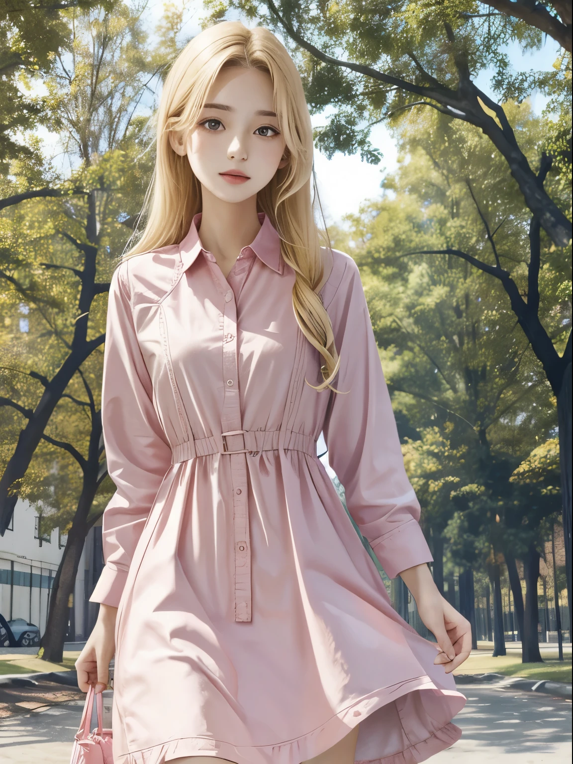 1girl, outdoors, park, blonde, pink shirt, dress