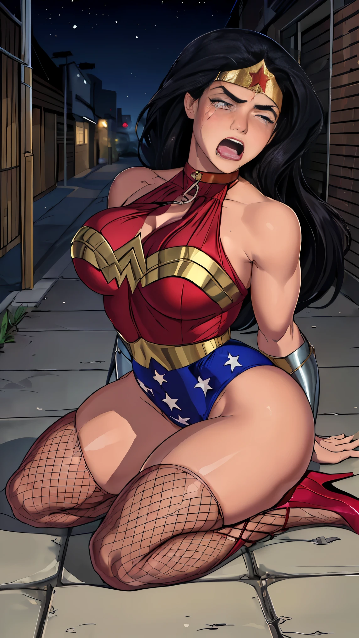 Alta qualidade,obra de arte,detalhado(((full body view))), (((mulher maravilha se prostituindo, in the dirty alley, at night))) ,((SUPERHEROINE wonder woman in pantyhosefishnet,  stilettos high heels, calcinha rendada, lace bra, uniforme de empregada)), ((emotional expression,expression of pain and despair, gritando de dor, expression of suffering, olhos arregalados)),(Wonder Woman forced to dance ballet), (She's crying a loa tem cabelo preto, ela tem cabelo longo)), ((She wears a thick dog collar around her neck)), (obra-prima, melhor qualidade) 1.5, 1 garota, sozinho, (sensual, mulher bonita, rosto perfeito, olhos perfeitos), corpo inteiro. ((She is wearing starry lace panties)), tears running down your face)), ((Mulher Maravilha em cativeiro amarrado ,arms are tied behind the back, em seguida, using some fixation method, like a rope or chain that runs from the wrists to an attachment point above, their arms are raised behind them until the person is forced to bend forward)), (((emotional expression,expression of pain and despair, gritando de dor, expression of suffering, olhos arregalados, expression of fear, corpo se contorcendo de dor))))