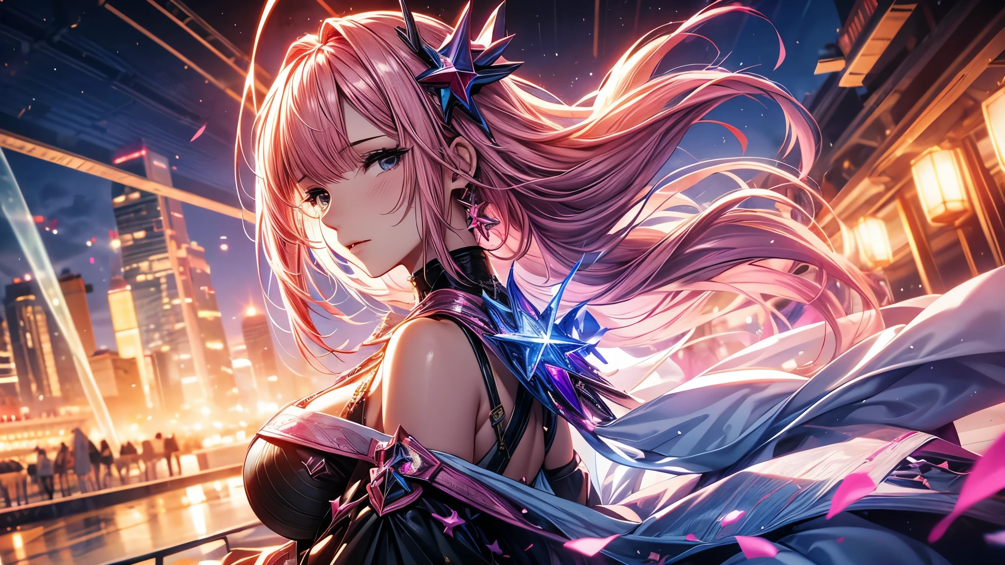 "Anime girl with vibrant hair in a dynamic pose against a breathtaking twilight background, showcasing ultra-detailed CG quality and a masterpiece level of artistry."