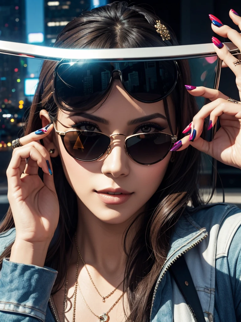 A woman with sunglasses and nail decorations is shown with a cityscape reflected in her glasses.