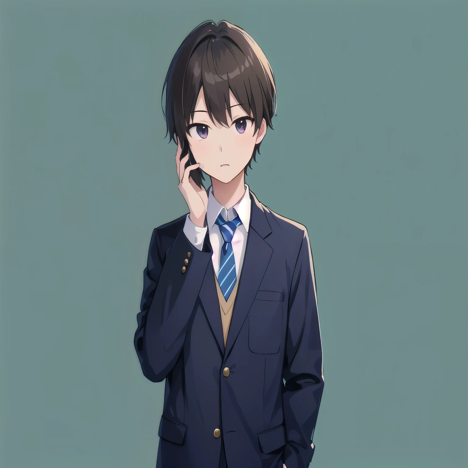 携帯電話で話しているanimeキャラクター, male　high school student　uniform　Seems like a hassle　anime