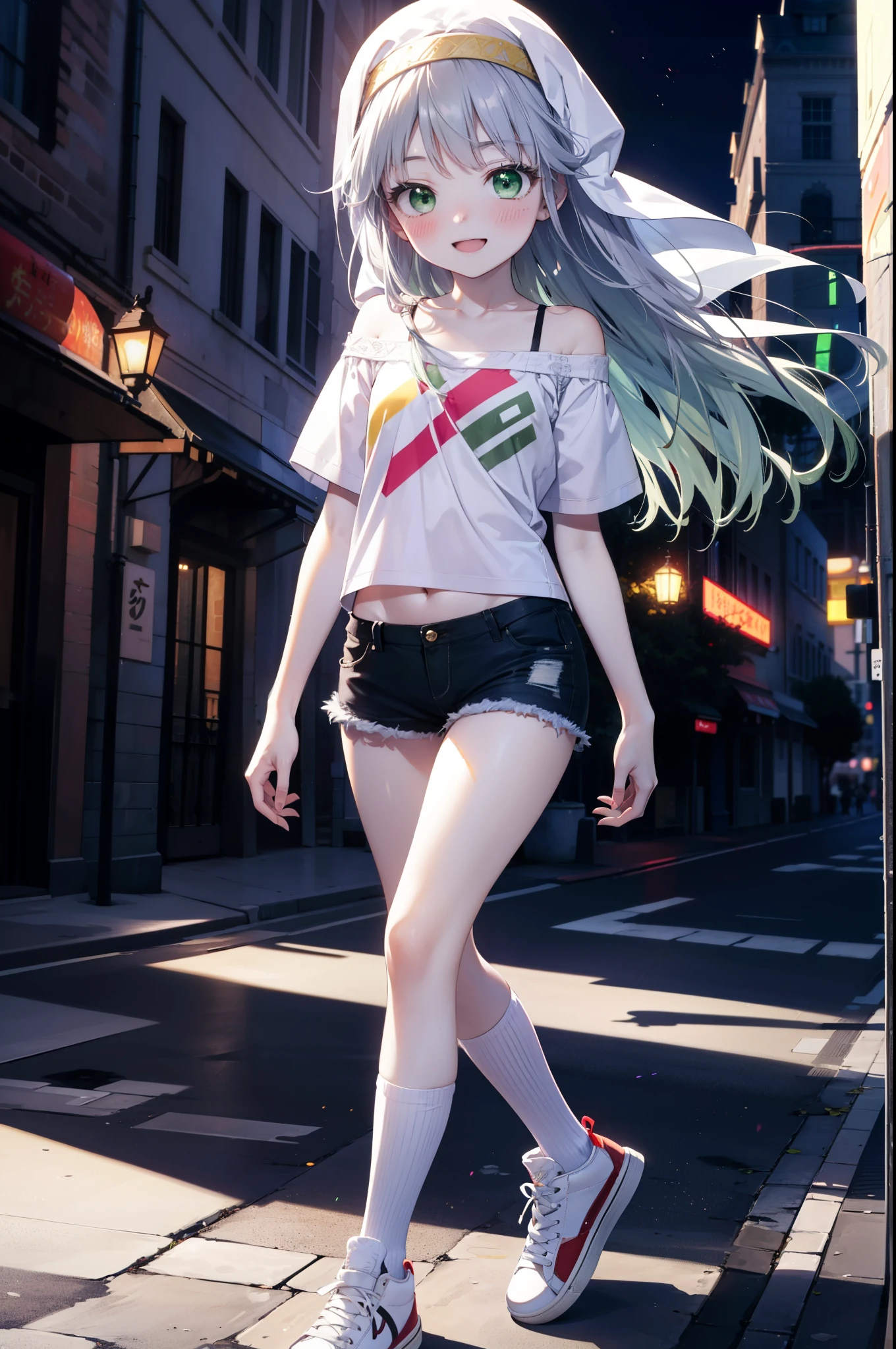 index, index, (Green Eyes:1.5), Silver Hair, Long Hair, (Flat Chest:1.2),happy smile, smile, Open your mouth,blush,hair band,Cordo shoulder top,Short sleeve,Shorts,Black knee socks,High-top sneakers,Daytime,Clear skies,whole bodyがイラストに入るように,Walking,
break looking at viewer, whole body,
break outdoors, In town,Building district,
break (masterpiece:1.2), highest quality, High resolution, unity 8k wallpaper, (figure:0.8), (Beautiful fine details:1.6), Highly detailed face, Perfect lighting, Highly detailed CG, (Perfect hands, Perfect Anatomy),