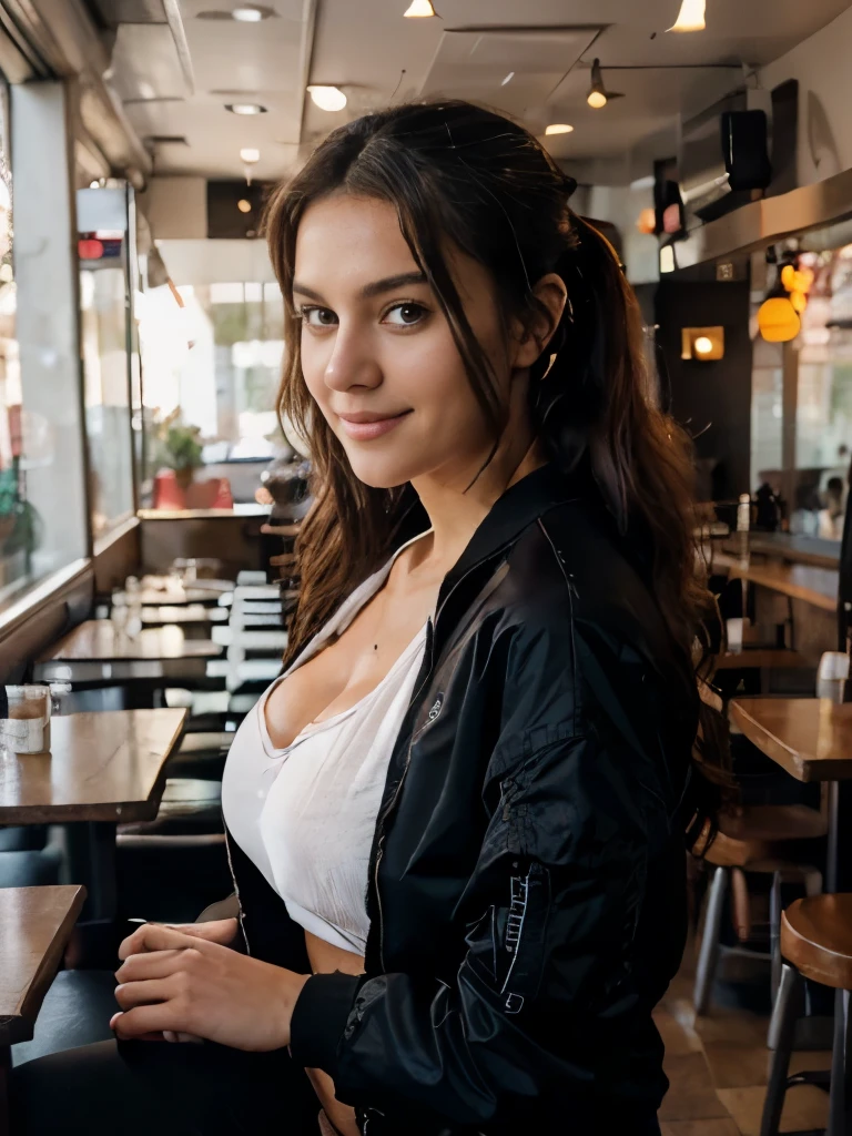 Beautiful 26 years old woman, braless,  (((maria-luv))), pony tail, dark curly hair, wearing black  bomber jacket, white loose t-shirt, pizza restaurant, canon 75 mm, natural morning light, realistic portrait, highly detailed, analog style, deep cleavage, full body, cute smile, from below