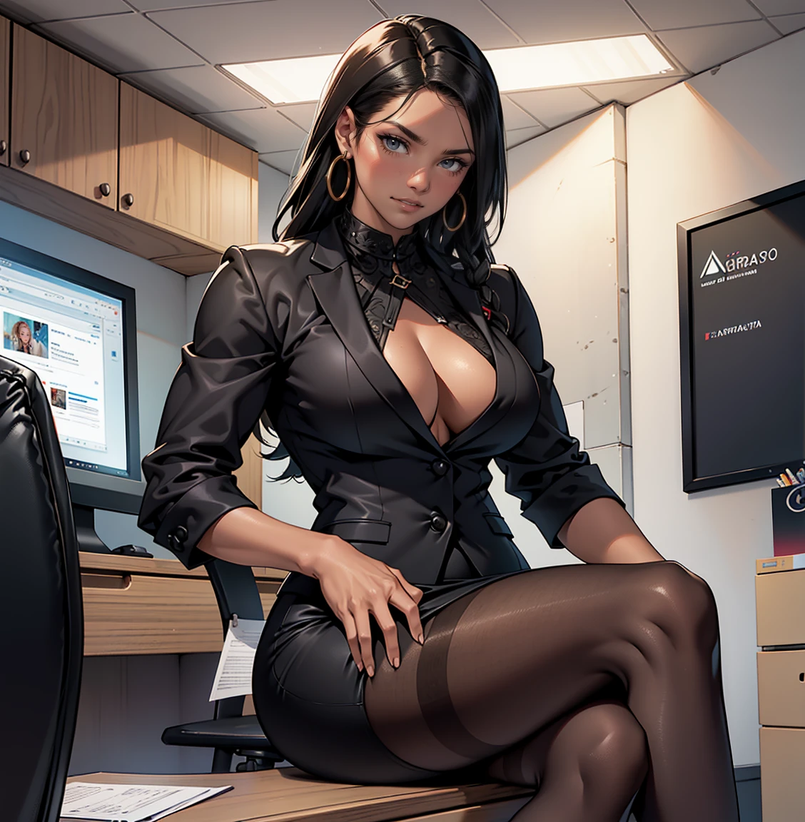 1 beautiful woman alone, posing, beautiful body, dressed as a secretary, beautiful hair, looks like actress Kylie Jenner
