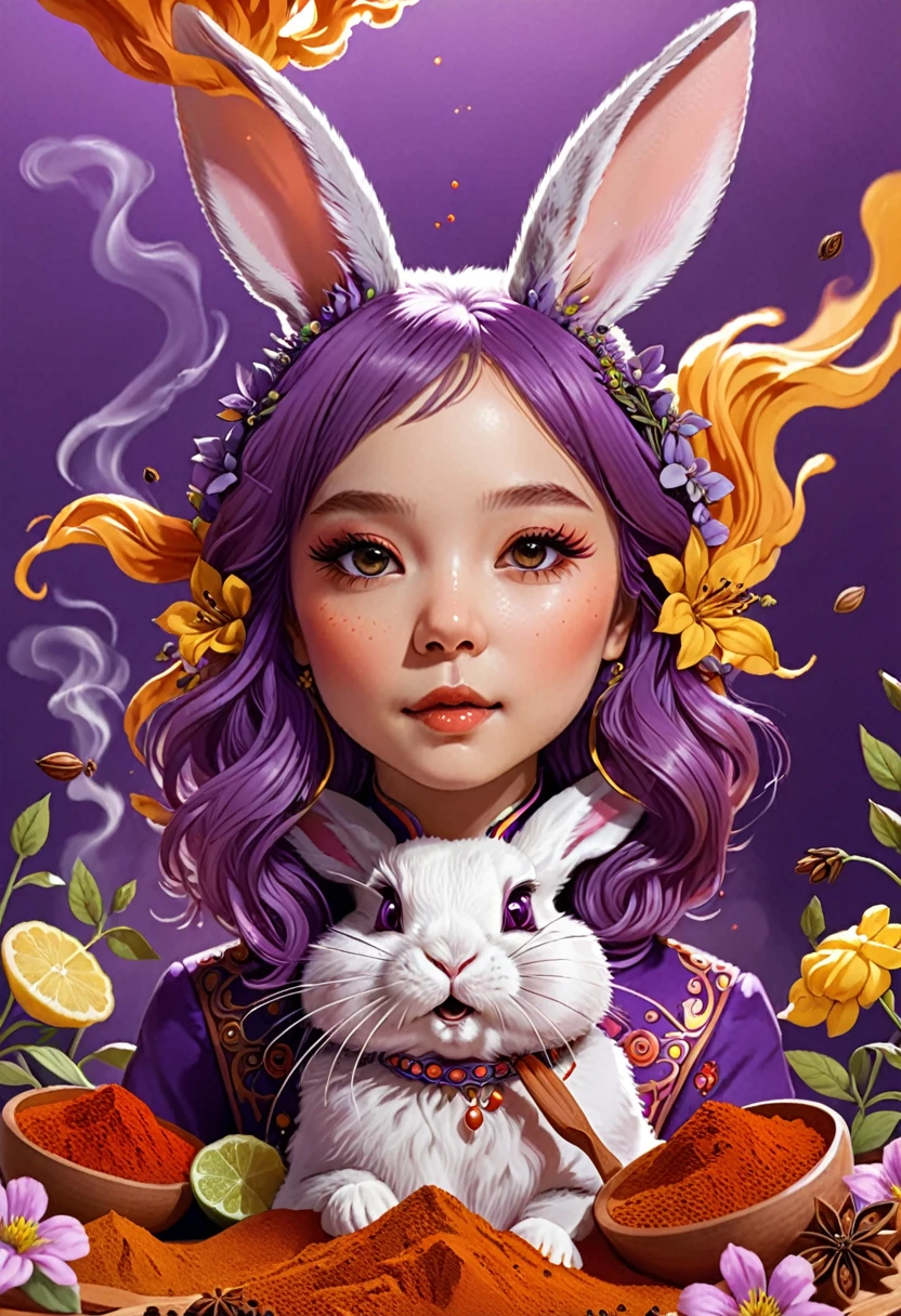 Chibi, super-deformed Rabbit-girl with fluffy fur, rendered in vibrant purple hues, nestled amongst blooms of varying spices on a clear aureolin background, In a close-up focus, brought to life by the joint illustrative genius of Ross Tran and Alex Grey. Fluttering in the scene, sparks and smoke dancing in the backdrop, interspersed , High Resolution, High Quality, Masterpiece