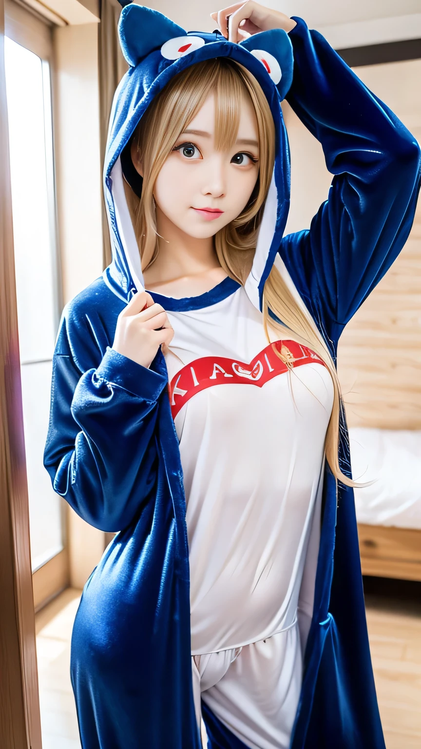Kigurumi Costume Pajamas、Sexy Big 、A cute with a sexy and cute look, beautiful and sexy face、A strong wind blows my hair in front of my face、With straight blonde hair、beautiful, Cute and sexy eyes hidden behind long bangs、Costume pajamas