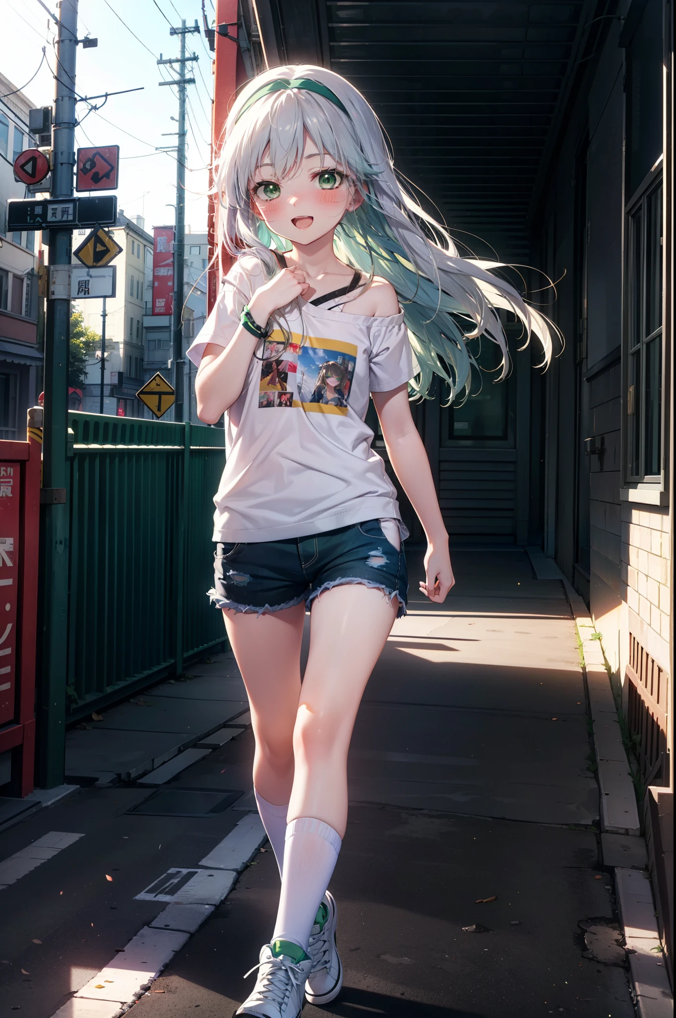 index, index, (Green Eyes:1.5), Silver Hair, Long Hair, (Flat Chest:1.2),happy smile, smile, Open your mouth,blush,hair band,Cordo shoulder top,Short sleeve,Shorts,Black knee socks,High-top sneakers,Daytime,Clear skies,whole bodyがイラストに入るように,Walking,
break looking at viewer, whole body,
break outdoors, In town,Building district,
break (masterpiece:1.2), highest quality, High resolution, unity 8k wallpaper, (figure:0.8), (Beautiful fine details:1.6), Highly detailed face, Perfect lighting, Highly detailed CG, (Perfect hands, Perfect Anatomy),