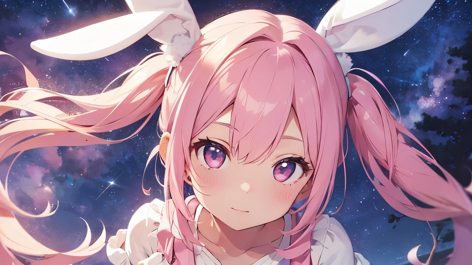 highest quality, pretty girl, pastel colour, Fluffy bunny ears, Pink Hair,Twin tails,Pale pink eyes,night,Starry Sky,shooting star