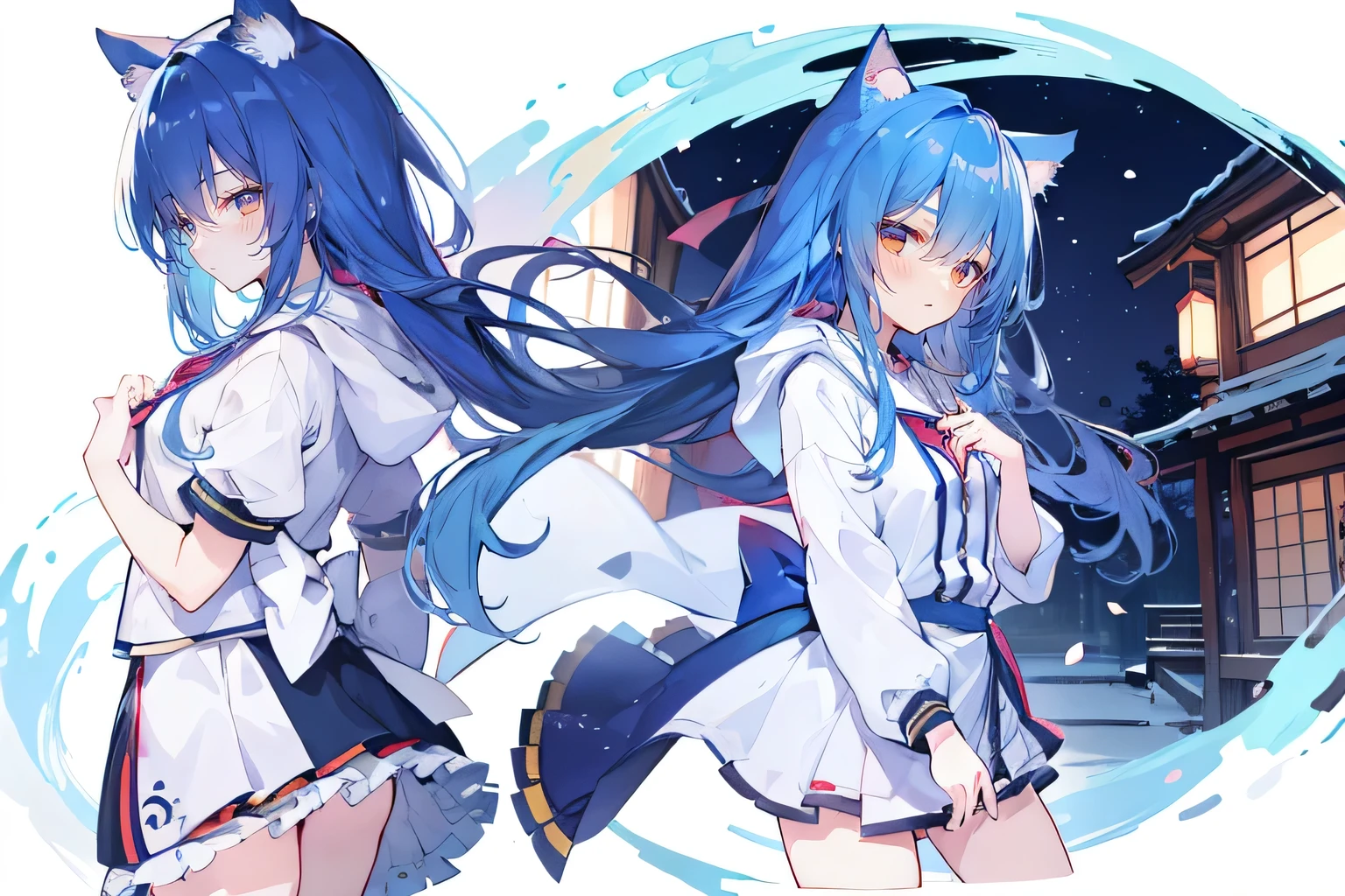 (masterpiece:1.2),Super detailed,lifelike,Expressive eyes,fair skin,perfect face shape,1 girl,
Japanese comics,Gorgeous blue hair,flowing blue hair,flowing clothes,Cat ears,Petals fall,beautiful lola,Baby Angel,sunrise,
Shaking head with one hand,Cross your legs,Gentle and peaceful background,The pavilion is cool and comfortable,smile, wearing hoodie, background of tokyo,back views,snowing, winter.
