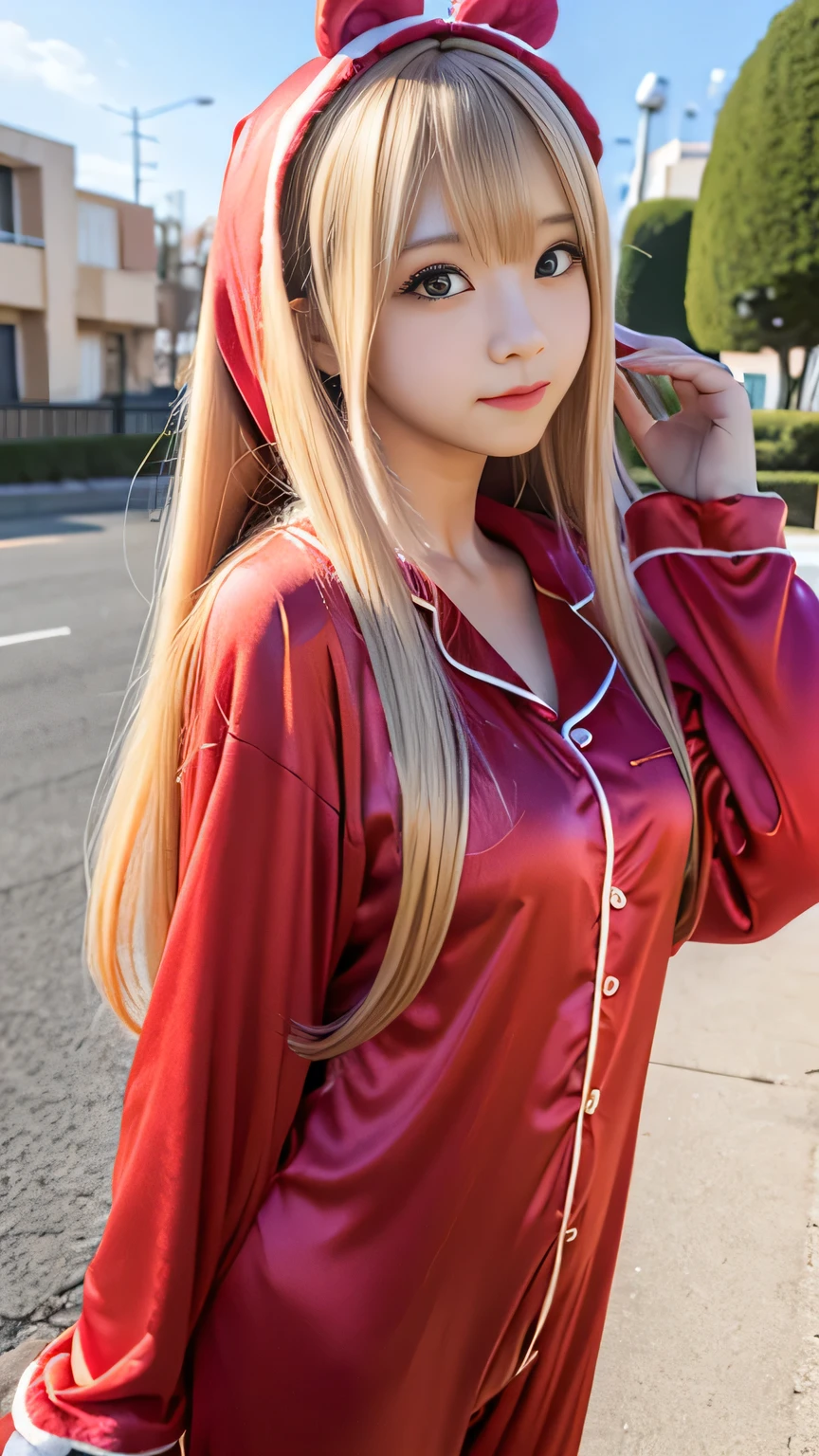 Kigurumi Costume Pajamas、Sexy Big 、A cute with a sexy and cute look, beautiful and sexy face、A strong wind blows my hair in front of my face、With straight blonde hair、beautiful, Cute and sexy eyes hidden behind long bangs、Costume pajamas