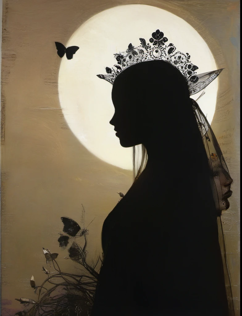 James Gurney, Surrealist art , dream-like, Mysterious, Provocative, symbolic, Complex, detailed,, (Gothic but very beautiful:1.4), (masterpiece, highest quality:1.4) , Nicola Samori Style, lover、Small black butterfly、Little Crow、Young and beautiful woman