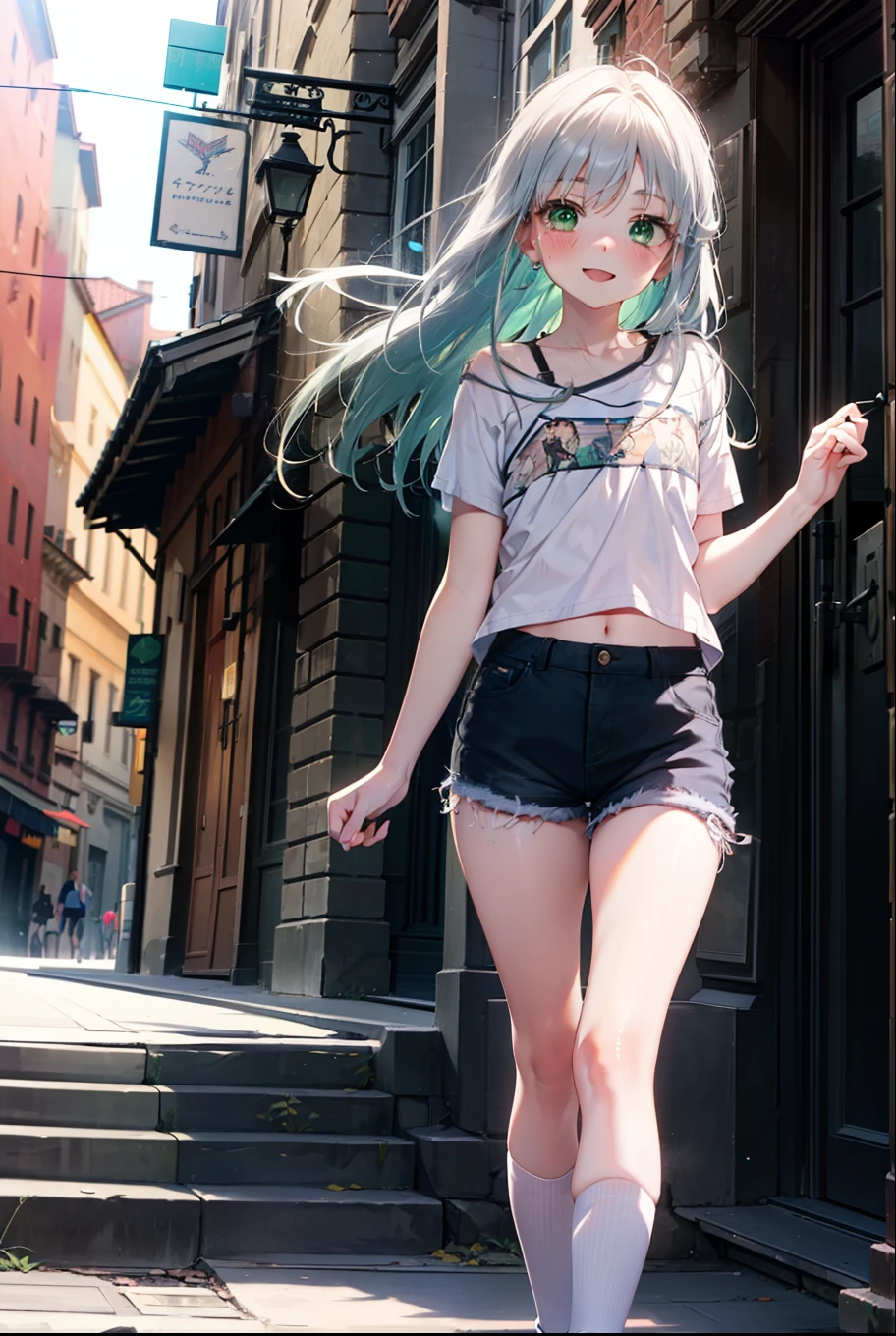 index, index, (Green Eyes:1.5), Silver Hair, Long Hair, (Flat Chest:1.2),happy smile, smile, Open your mouth,blush,hair band,Cordo shoulder top,Short sleeve,Shorts,Black tights,High-top sneakers,Daytime,Clear skies,whole bodyがイラストに入るように,Walking,
break looking at viewer, whole body,
break outdoors, In town,Building district,
break (masterpiece:1.2), highest quality, High resolution, unity 8k wallpaper, (figure:0.8), (Beautiful fine details:1.6), Highly detailed face, Perfect lighting, Highly detailed CG, (Perfect hands, Perfect Anatomy),