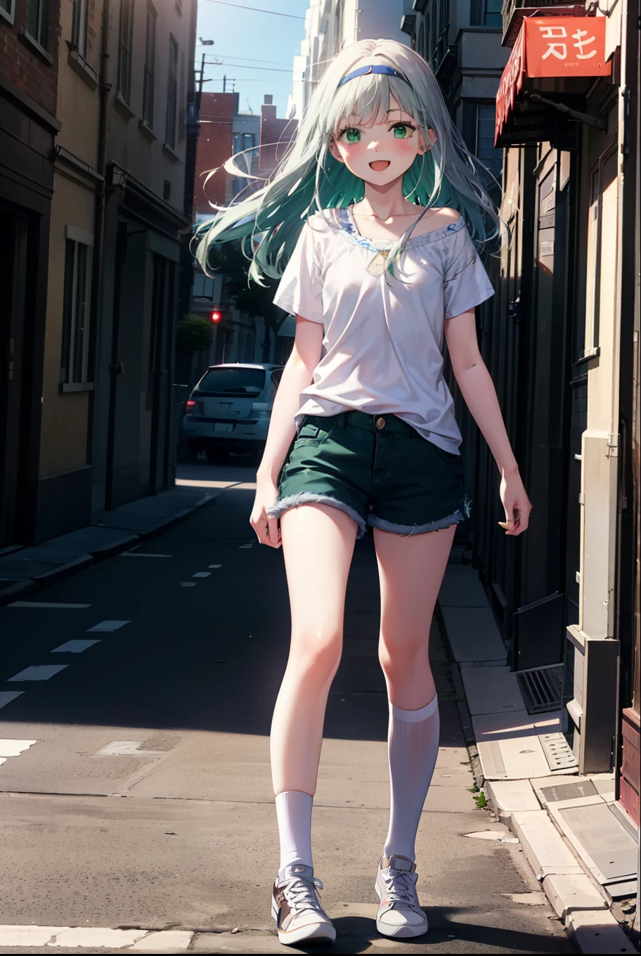 index, index, (Green Eyes:1.5), Silver Hair, Long Hair, (Flat Chest:1.2),happy smile, smile, Open your mouth,blush,hair band,Cordo shoulder top,Short sleeve,Shorts,Black tights,High-top sneakers,Daytime,Clear skies,whole bodyがイラストに入るように,Walking,
break looking at viewer, whole body,
break outdoors, In town,Building district,
break (masterpiece:1.2), highest quality, High resolution, unity 8k wallpaper, (figure:0.8), (Beautiful fine details:1.6), Highly detailed face, Perfect lighting, Highly detailed CG, (Perfect hands, Perfect Anatomy),