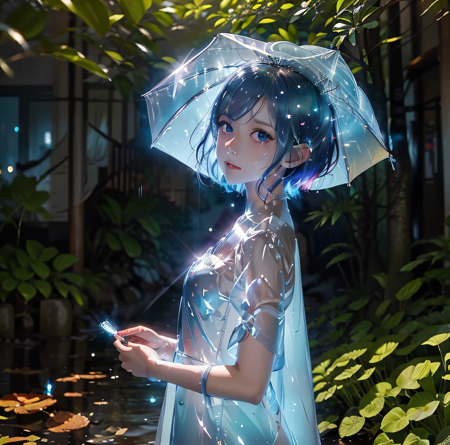 In a vivid anime scene、Focus on the bright rain elements with abundant shiny reflections. The girl with the pink bob hair and reflective blue eyes、She brings more punk and whimsical elements to her sheer outfits.。, Accessorized with blue butterfly accessories and umbrella. Abstract rain sparkle chaos background、There are plenty of light effects with scattered rain and focused bubble sparkles。, The light shining from behind、The flowers bloom to create a gorgeous sight.. The artwork combines rich textures, Detailed line drawing, Cel Shading, Vibrant colors, Highlighting the luxurious charm of rain.