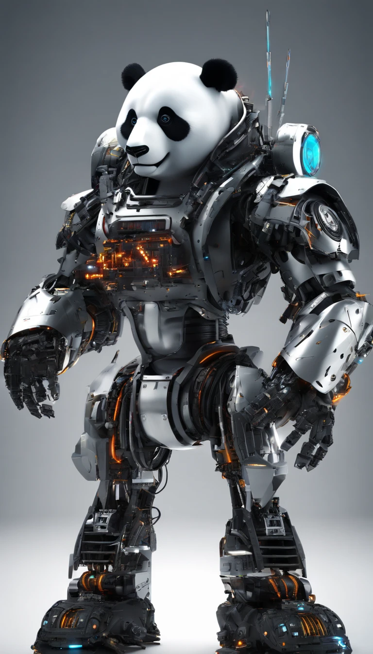 A panda robot,Wearing sunglasses, with headphones on, Standing position, Abstract beauty, Dynamic, Highly detailed digital painting, concept-art, 8K, high definition resolution