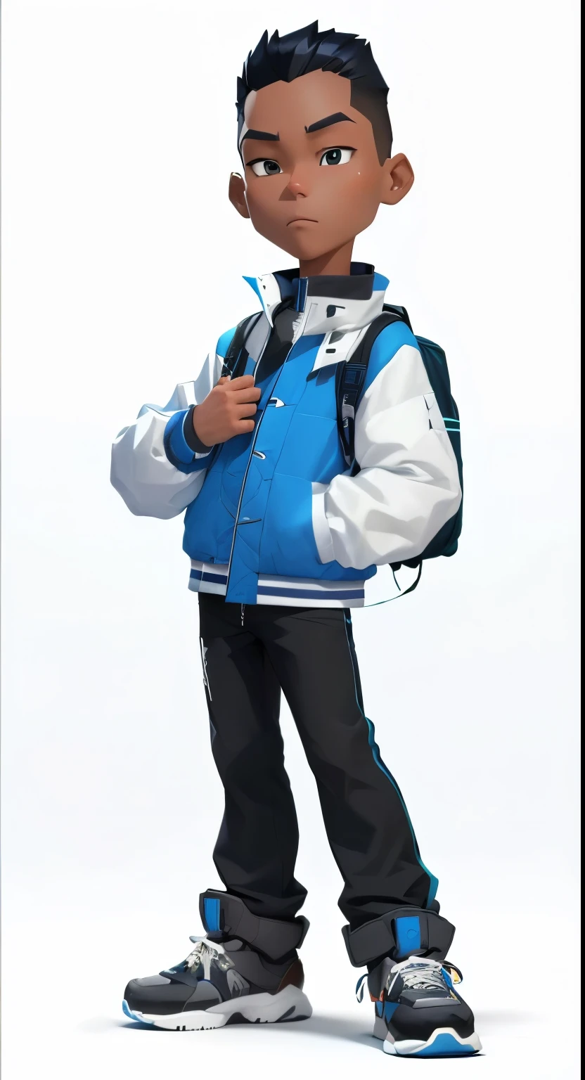 Wearing a blue jacket and black pants、Cartoon boy with backpack, 官方Character art, character render, Maxwell rendering, Arnold Maya Rendering, Stylized characters, Full body portrait, Single character full body, Full body portrait, Full body rendering, Full body character portrait, 3D rendering official art, Character art, Full body character, Full body single character, Detailed character art