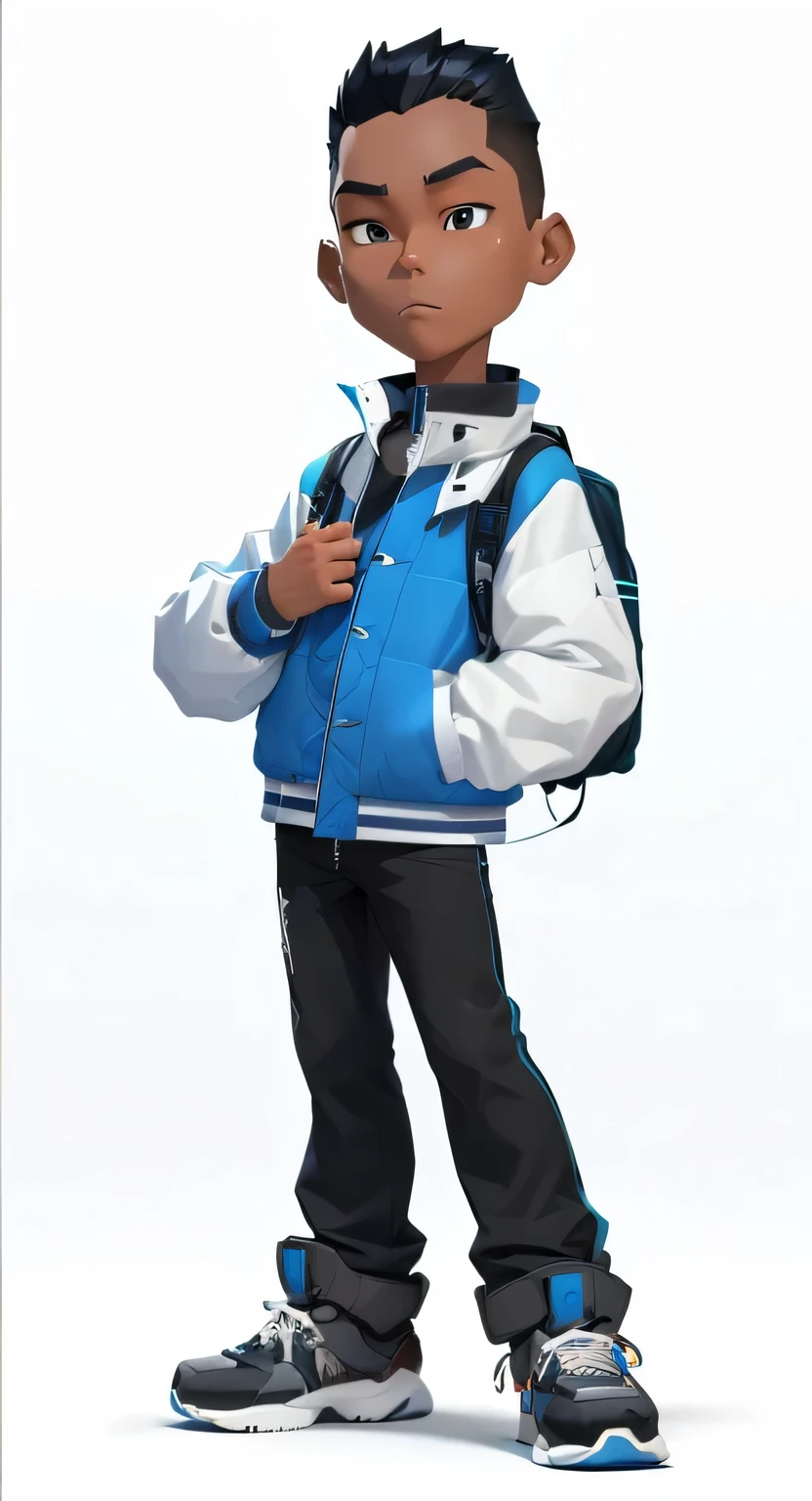 Wearing a blue jacket and black pants、Cartoon boy with backpack, Official Character art, character render, Maxwell rendering, Arnold Maya Rendering, Stylized characters, Full body portrait, Single character full body, Full body portrait, Full body rendering, Full body character portrait, 3D rendering official art, Character art, Full body character, Full body single character, Detailed character art