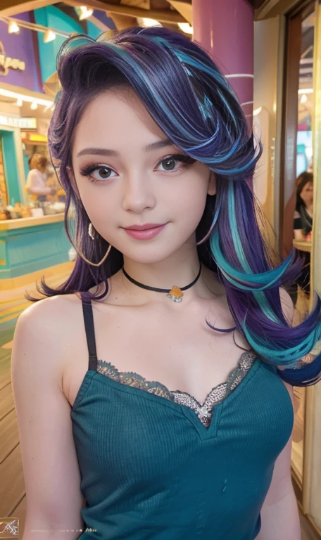 Photo oF a 17 year-old American girl, .CRUDO, beautiFul woman  , cabello largo color azul turqueza ((retrato)), ((Cara detallada:1.2)), ((Detailed Facial Features)), (Piel Finamente detallada) , ojos color.azul , 、un sexy(color fresco), wet, wet, ReFlectoreasutepiece) (proporciones perFectaotos realistas)(La mejor calidad) (Detallado) FotograFiado con una EOS R5 de Canon, lente de 50 mm, F/2.8, NFFSW, (8K) (papel tapiz) (cinematic lighting) (dramatic lighting) (sharp Focus) (Enrevesado) senos grandes , pechos grandes , cuerpo completo , hermoso cuerpo de adolesente  ,lindo maquillaje , gran sonrisa , labios rojos. Mlp ,Starlight Glimmer  , foto dinamica , pose sexy , centro comercial , noche , sonrisa presumida , ropa morada , brazalentes con puas , cabello largo color azul turqueza con mechas color morado, cuerpo completo , foto de cuerpo completo , my little pony Equestria girls , tiene un collar con un rubi , ropa de pelicula my little pony Rainbow rocks