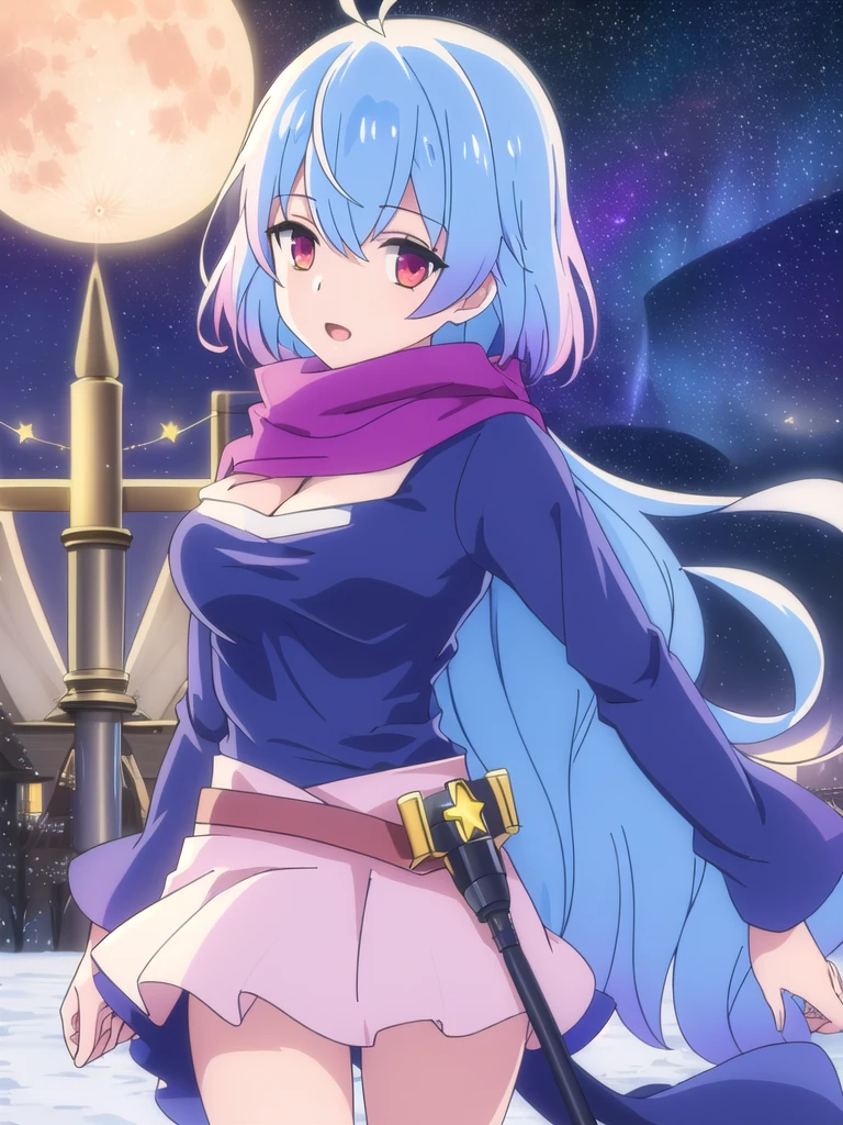 (((Best quality))),((Ultra-detailed)),((illustration)),((Disheveled hair)),((frilld)),(1 girl), 1girl,aerial fireworks,aurora,bangs,belt,braid,breasts,christmas tree,city lights,cleavage,cloud,constellation,crescent moon,dress,dust,earth \(planet\),fireflies,fireworks,full moon,galaxy,indoors,large breasts,light particles,short hair,looking at viewer,medium breasts,milky way,moon,moonlight,night,night sky,open mouth,pink scarf,pink skirt,planet,red scarf,round window,scarf,shooting,star,skirt,sky,skyline,skyscraper,snow,snowing,solo,space,space craft,star \(sky\),star \(symbol\),starry background,starry sky,starry sky print,tanabata,tanzaku,telescope,window, blue hair,red eyes,