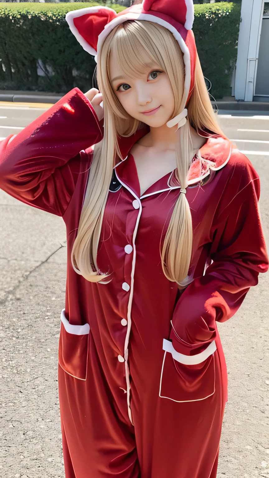 Kigurumi Costume Pajamas、Sexy Big 、A cute -yeld giwith a sexy and cute look, beautiful and sexy face、A strong wind blows my hair in front of my face、With straight blonde hair、beautiful, Cute and sexy eyes hidden behind long bangs、Costume pajamas