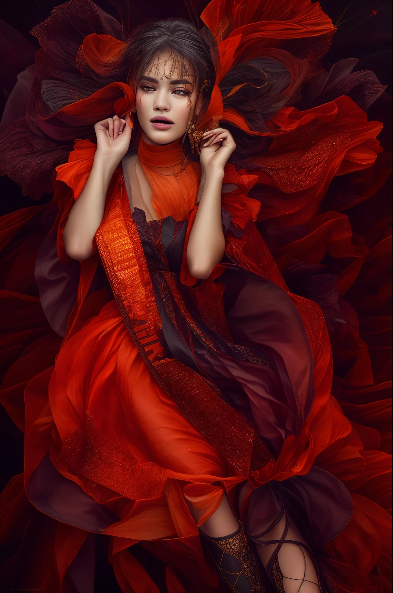 Masterpiece, dress, high quality, art muse, surrounded by swirling fabric, (fabric detail:1.2), (intricate fabric folds:1.2), photographed by peter lindbergh and dave lachapelle, closeup, Sony A9 II, f2.0, iso 100, dynamic composition, serene expression, primal energy, elemental beauty, high resolution, uhd, hdr, vogue photoshoot, Laocon, iris flare 