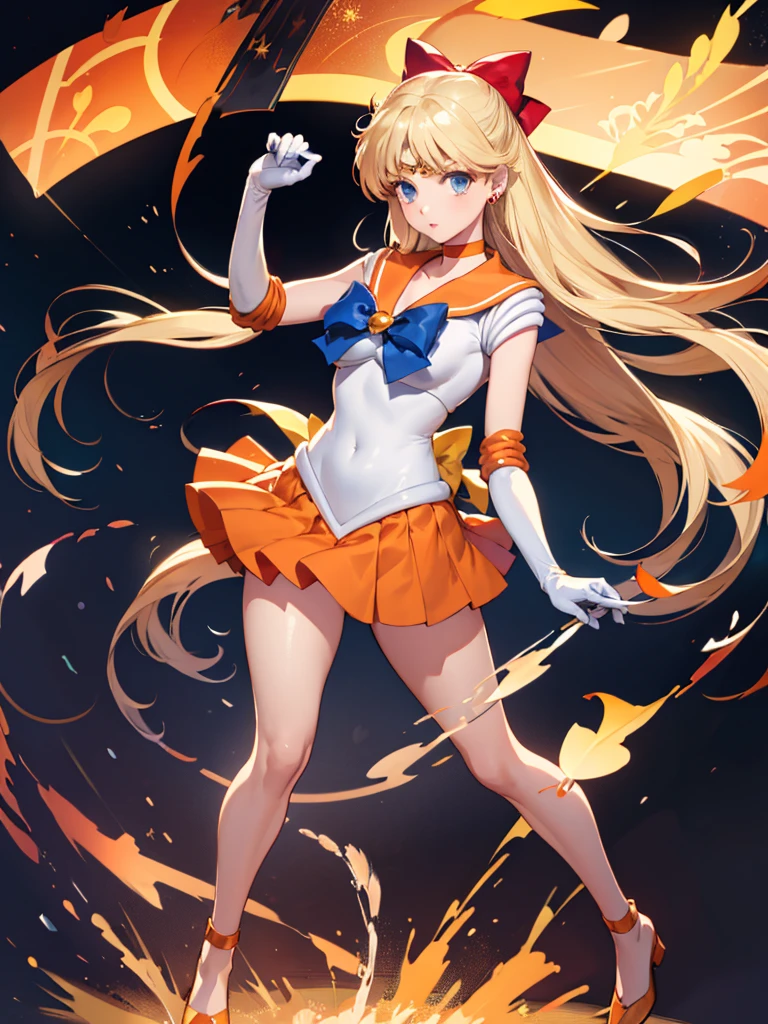 masterpiece, best quality, 1 girl, solo, sv1, sailor senshi uniform, orange skirt, elbow gloves, tiara, orange sailor collar, red bow, orange choker, white gloves, jewelry, looking through legs, full body,