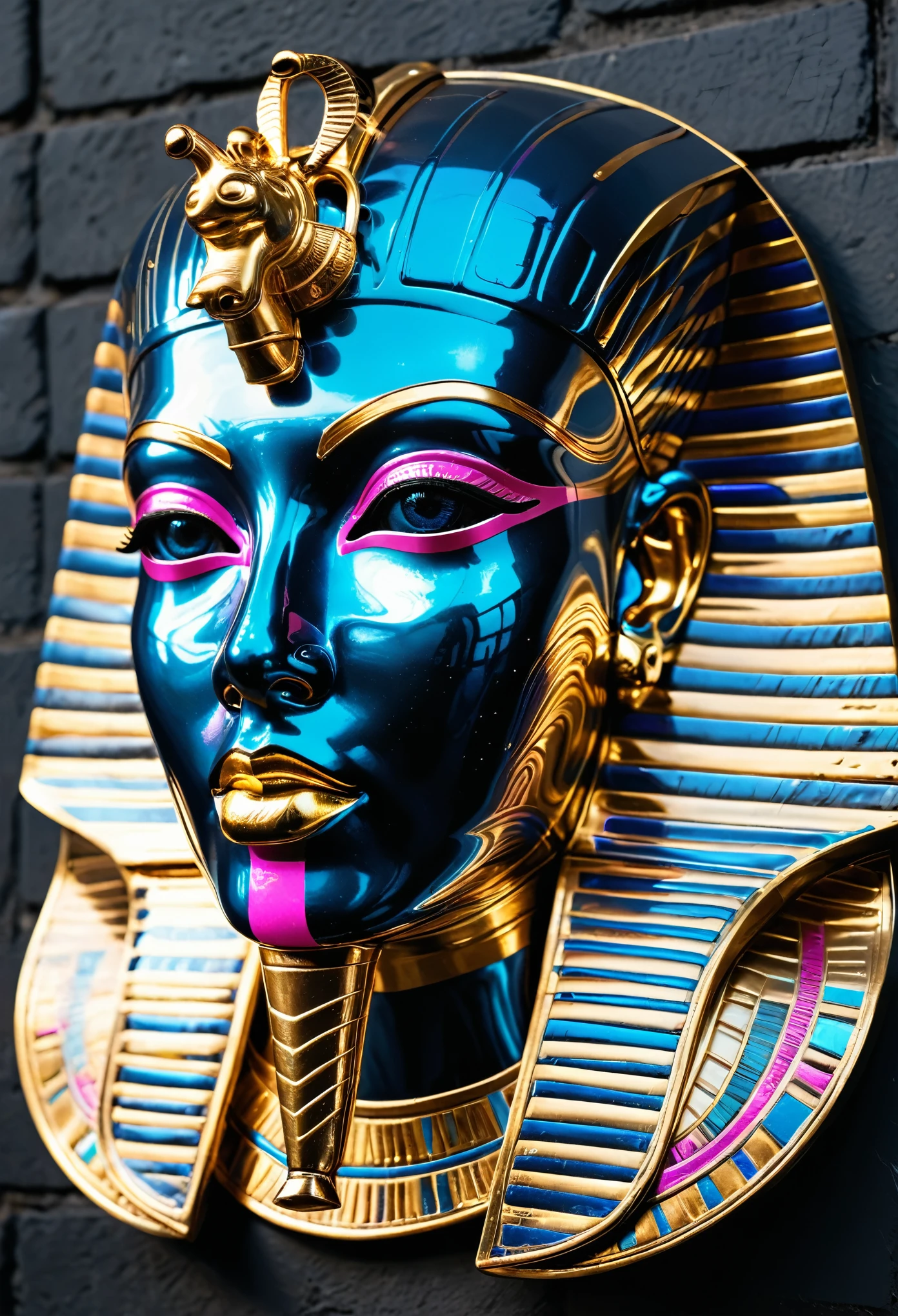 Tutankhamun mask face in solid gold and reflecting sunlight, ela usa um fone de ouvido em neon pink e azul, sinistra mask, olhando para baixo, she is hanging on a black metal wall, estilo cyberpunk