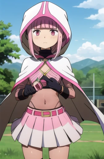 1girl, solo, masterpiece, best quality, 
hood, hood up, bodystocking, gloves, black gloves, magia record: mahou shoujo madoka magica gaiden, iroha tamaki, tamaki iroha, pink eyes, tareme, pink hair, long hair, braid, frentch braid, half updo, braided ponytail, blunt bangs, hair intakes, blunt ends, sidelocks, magical girl, cloak, white cloak, hooded cloak, medium breasts, covered navel, belt, pink belt, skirt, pink skirt, miniskirt, pleated skirt,
,
cowboy shot, looking at viewer,
blush, nose blush, flustered,
outdoors, garden