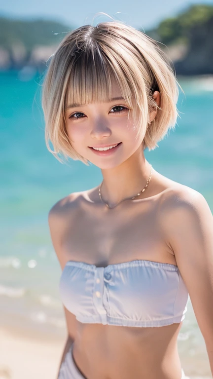 ((sfw: 1.4)), ((sfw, bandeau top, beach, bony body, extra short hair, sidelocks-hair, smile, 1 girl)), ultra high resolution, (real: 1.4), RAW photo, highest quality, (photorealistic), focus ,Soft light,((15 years old)),((Japanese)),(((Young face))),(Surface),(Depth of field),Masterpiece,(Photoreal),Woman,Bangs,( (1 girl)