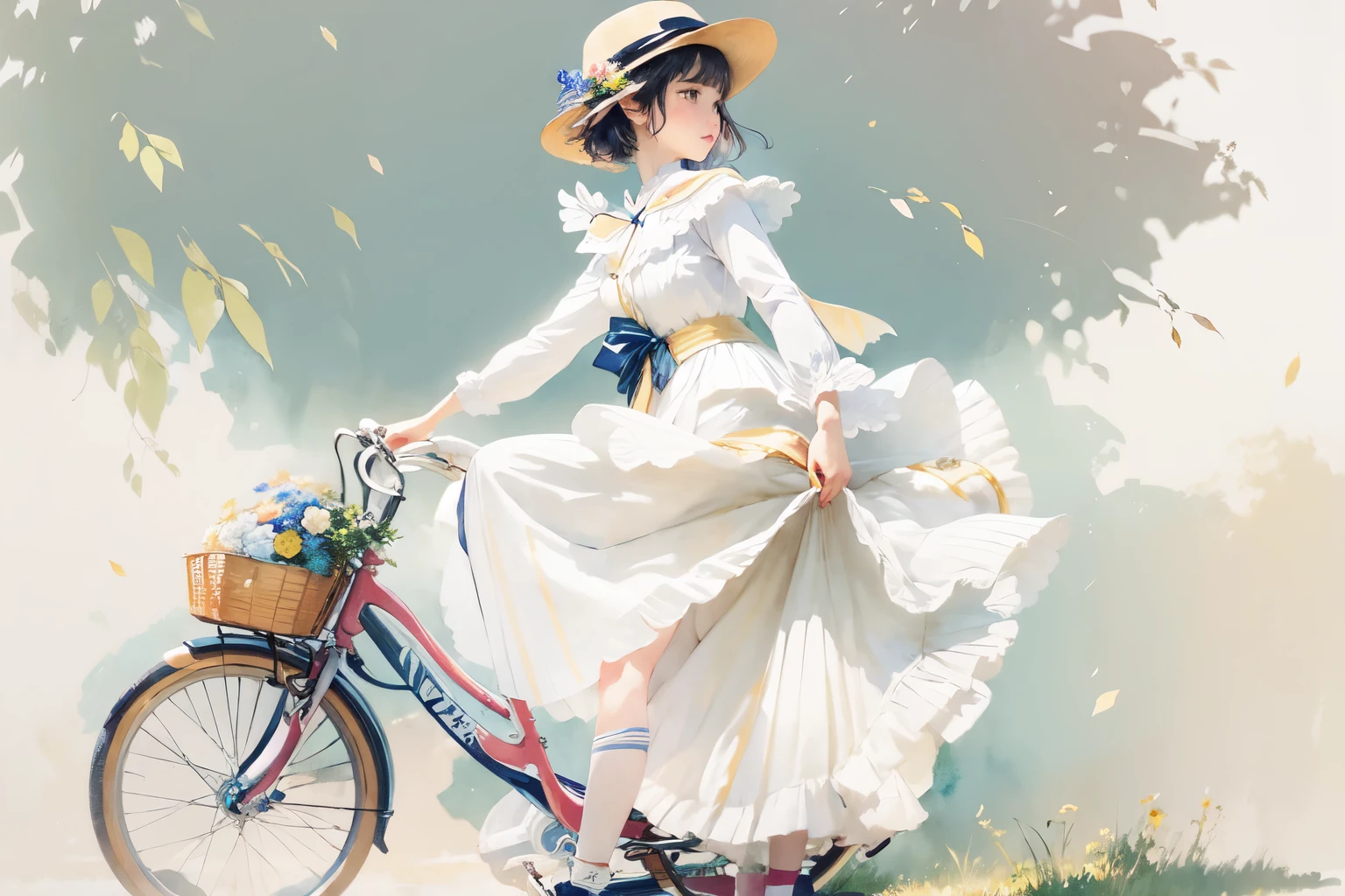 (highest quality、masterpiece)、(A  riding a bicycle、Mamachari、alone、whole)、(From the side)、(Cute Face)、short hair、White Sailor Suit、uniform、Long skirt、Pleated skirt、shoes、(No background)、White Background、Blur the background、(Watercolor of singer Sargent)、Impressionist style painting、