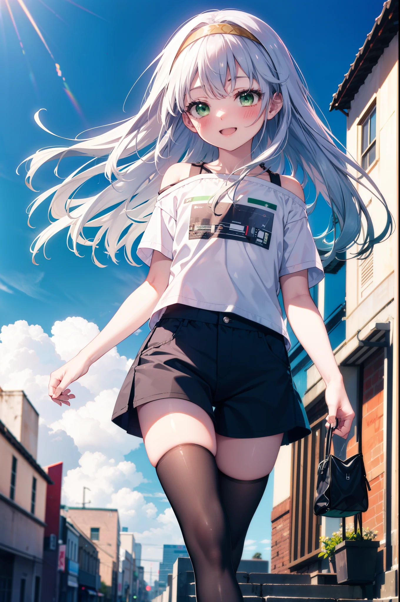 index, index, (Green Eyes:1.5), Silver Hair, Long Hair, (Flat Chest:1.2),happy smile, smile, Open your mouth,blush,hair band,Cordo shoulder top,Short sleeve,Shorts,Black tights,High-top sneakers,Daytime,Clear skies,whole bodyがイラストに入るように,Walking,
break looking at viewer, whole body,
break outdoors, In town,Building district,
break (masterpiece:1.2), highest quality, High resolution, unity 8k wallpaper, (figure:0.8), (Beautiful fine details:1.6), Highly detailed face, Perfect lighting, Highly detailed CG, (Perfect hands, Perfect Anatomy),