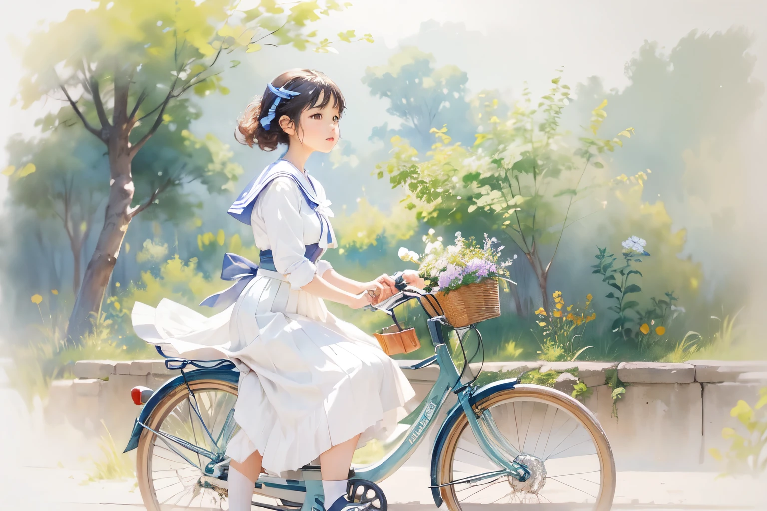 (highest quality、masterpiece)、(A  riding a bicycle、Mamachari、alone、whole)、(From the side)、(Cute Face)、short hair、White Sailor Suit、uniform、Long skirt、Pleated skirt、shoes、(No background)、White Background、Blur the background、(Watercolor of singer Sargent)、Impressionist style painting、