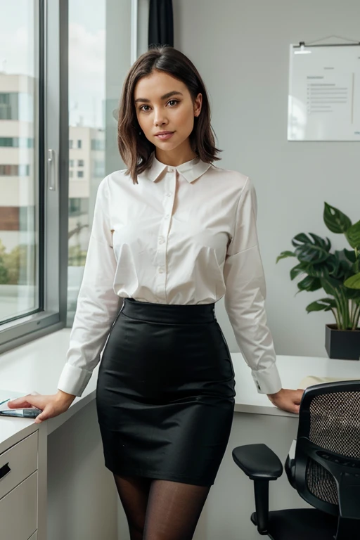 Create a photorealistic image of an office lady in a contemporary corporate setting. She is wearing a form-fitting white blouse with a subtle, elegant collar and neatly rolled-up sleeves, revealing a wristwatch on her left wrist. The blouse is tucked into a high-waisted, tight black pencil skirt that reaches just above her knees, accentuating her professional yet stylish appearance. She is also wearing sheer black pantyhose that complement her outfit and a pair of sleek black stiletto heels.
Her hair is styled in a neat, shoulder-length bob, with a slight wave that frames her face, which is adorned with light, natural makeup. She has expressive, almond-shaped eyes, soft pink lips, and a confident, approachable smile. Her posture is confident, standing with one hand on her hip and the other holding a slim, modern laptop.
The setting is a bright, modern office with large windows that let in natural light, creating a warm, inviting atmosphere. The office has minimalist decor, with a sleek desk, an ergonomic chair, and a few green plants adding a touch of freshness. On the desk, there are some neatly stacked documents, a cup of coffee, and a smartphone.
The overall ambiance is professional yet welcoming, capturing the essence of a successful and stylish office lady in her daily work environment. The image should have a high level of detail, showcasing the textures of her clothing, the shine on her shoes, and the slight gloss on her pantyhose, to ensure a lifelike and realistic portrayal.