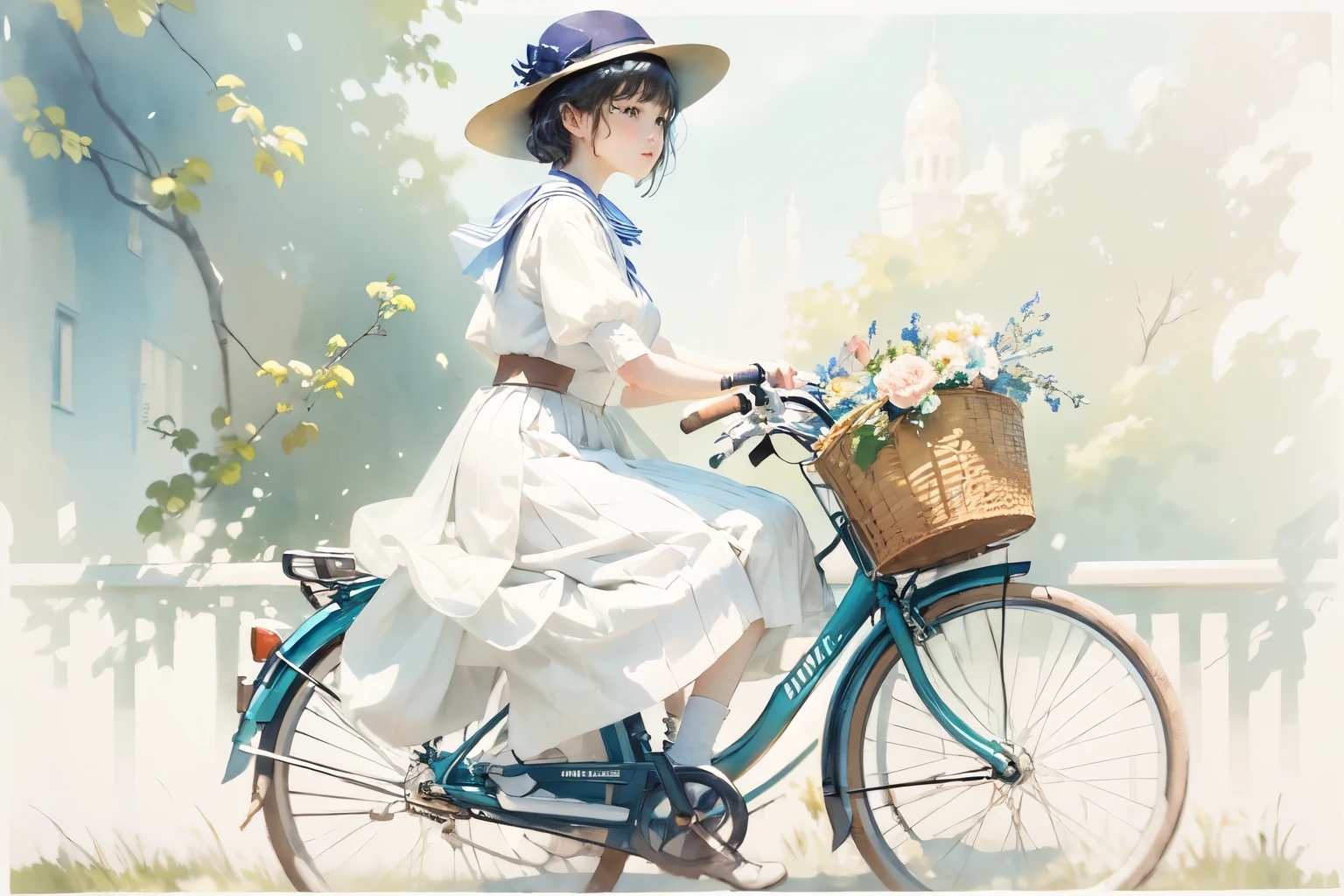 (highest quality、masterpiece)、(A  riding a bicycle、Mamachari、alone、whole)、(From the side)、(Cute Face)、short hair、White Sailor Suit、uniform、Long skirt、Pleated skirt、shoes、(No background)、White Background、Blur the background、(Watercolor of singer Sargent)、Impressionist style painting、