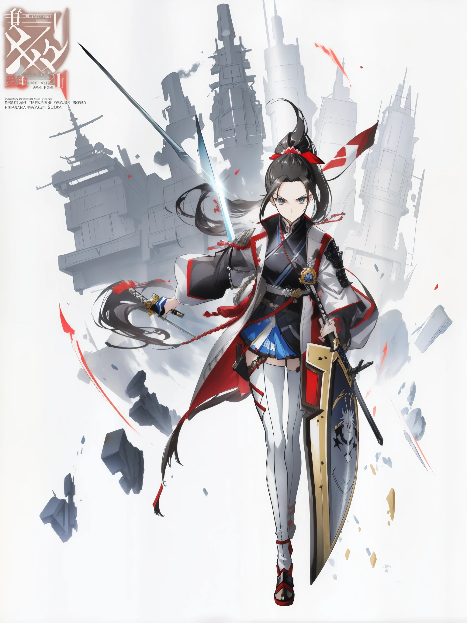 (ponytail forehead hair pulled back:1.3), anime character with a sword and a shield in front of a large group of soldiers, cushart krenz key art feminine, by Yoshihiko Wada, shigenori soejima illustration, high detailed official artwork, official character art, ( ( character concept art ) ), by Akihiko Yoshida, from arknights, official art, cushart krenz
