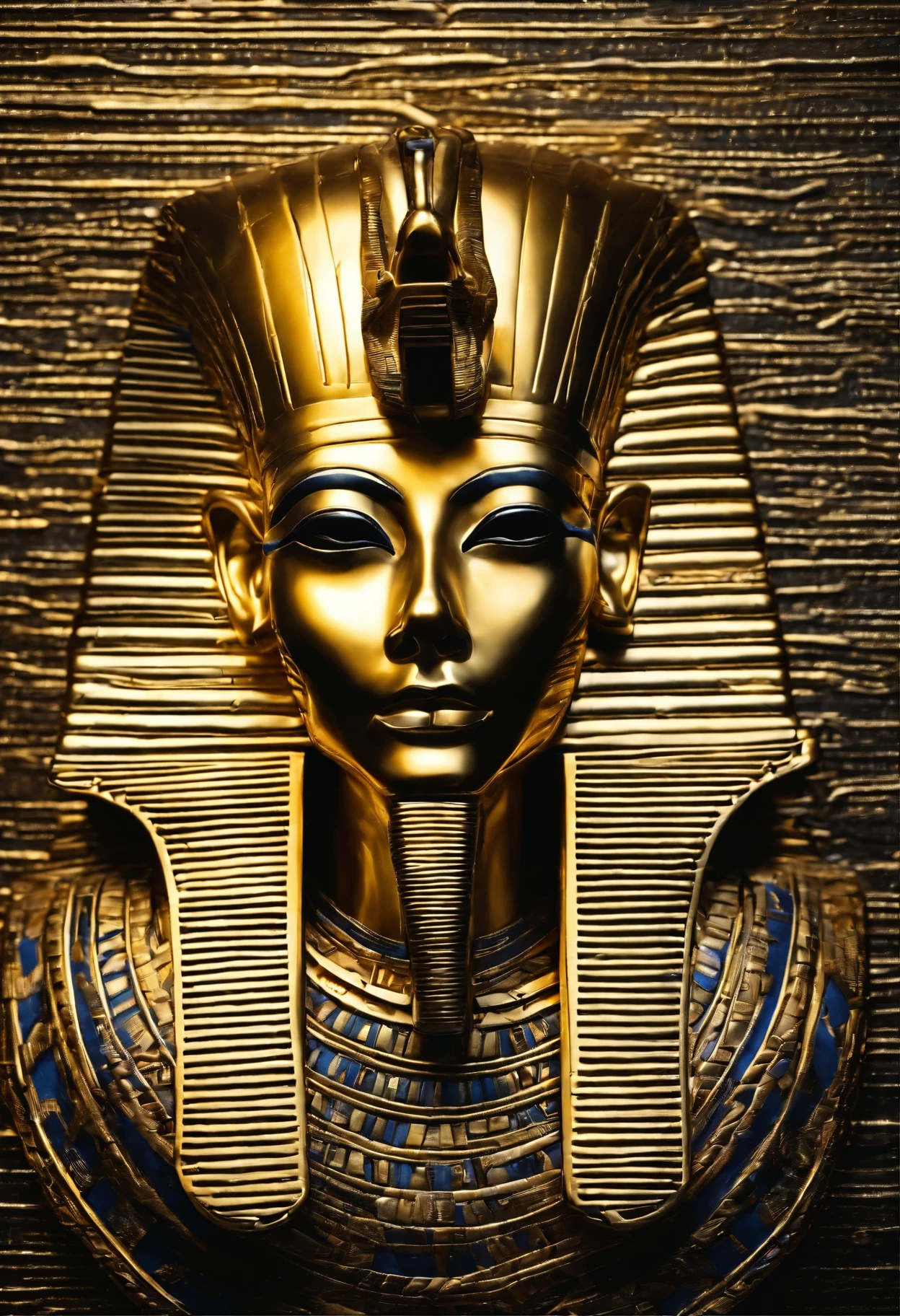 Tutankhamun mask face in solid gold and reflecting sunlight, sinistra mask, olhando para baixo, she is hanging on a black metal wall