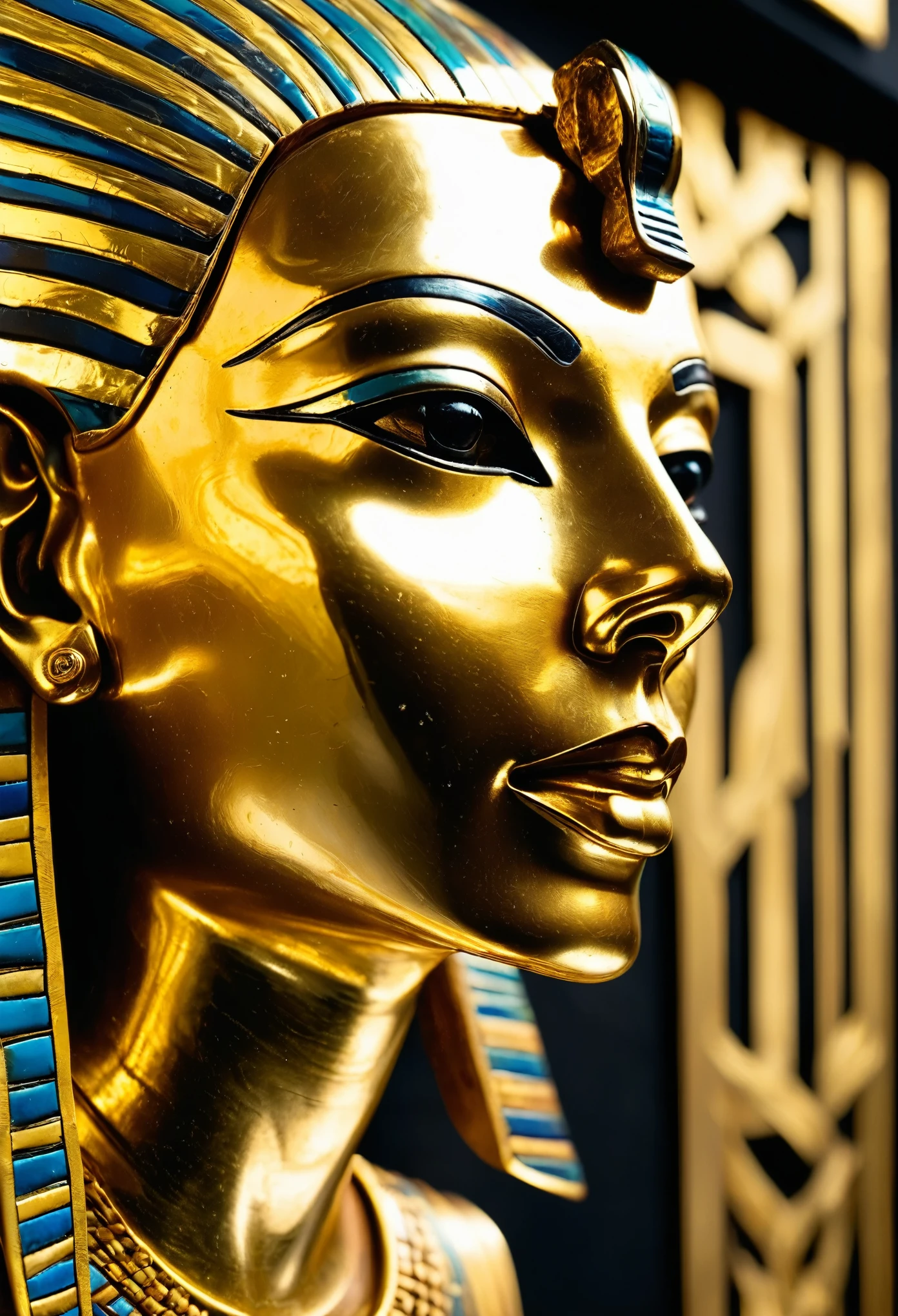Tutankhamun mask face in solid gold and reflecting sunlight, sinistra mask, olhando para baixo, she is hanging on a black metal wall